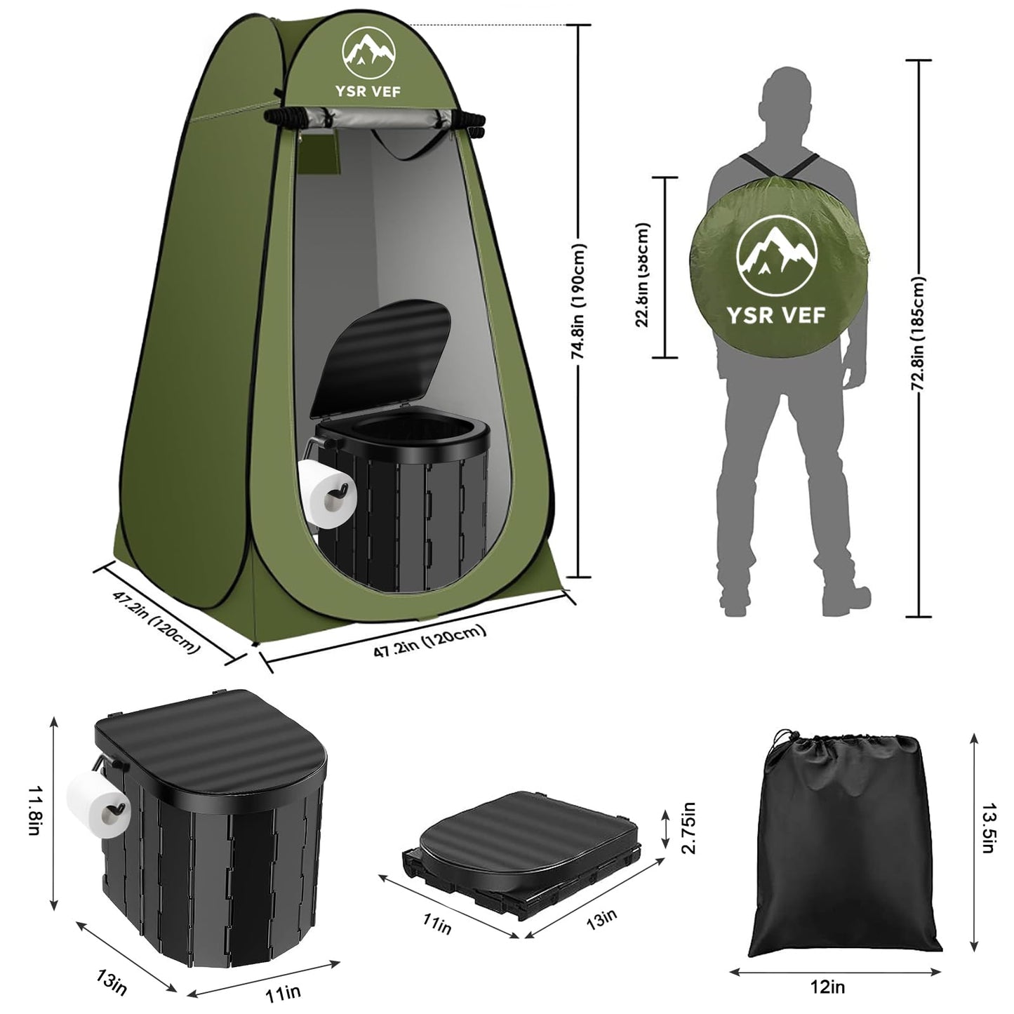 Portable Camping Toilet Kit with Pop-Up Privacy Tent, Washable Outdoor Shower and Changing Room, Includes Toilet Bags and Poo Gel
