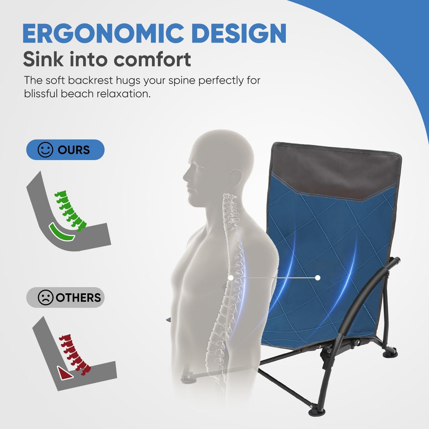 Sekey Portable Beach Chair, Lightweight Camping Chair with Carry Bag, Low Folding Beach Chair for Adults, Compact Ourdoor Chair for Picnic, Fishing and Sports Events, Blue