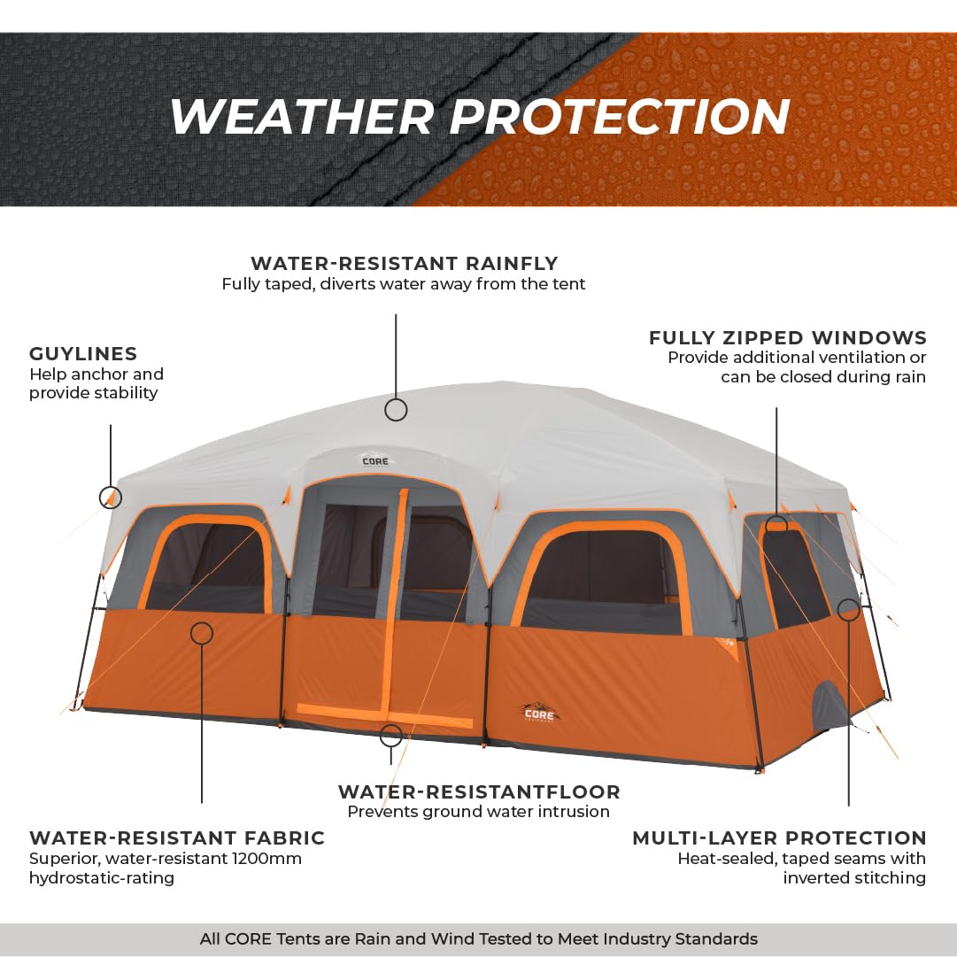 CORE 12 Person Tent | Large Multi Room Family Cabin Tent with Carry Bag for Outdoor Car Camping | Included Storage Pockets for Camping Accessories