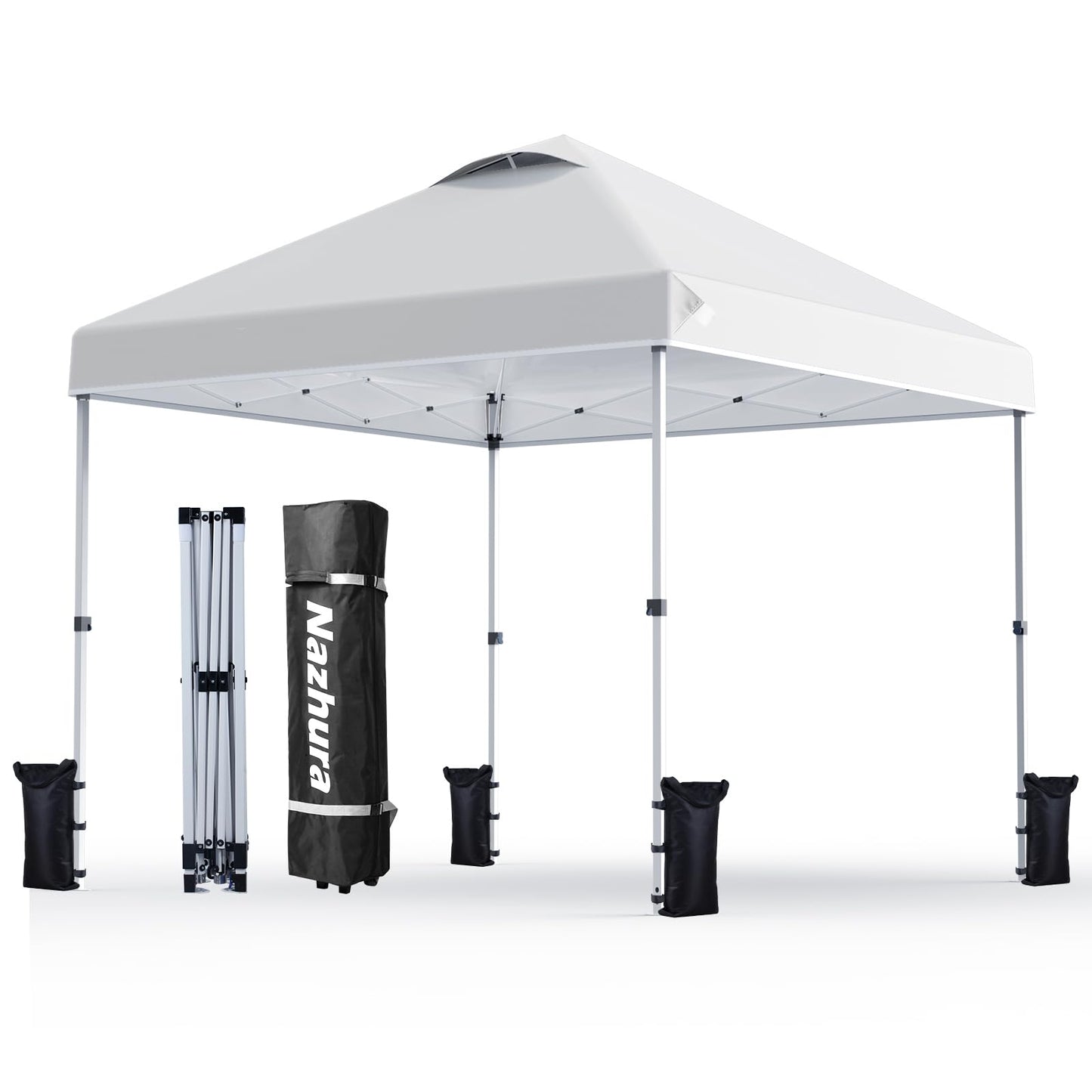 Nazhura 10' x 10' Pop Up Canopy Tent with Sand Weight Bag, Freestanding Sun Shelter for Picnic and Camping, One Person Setup and Height Adjustable (White)