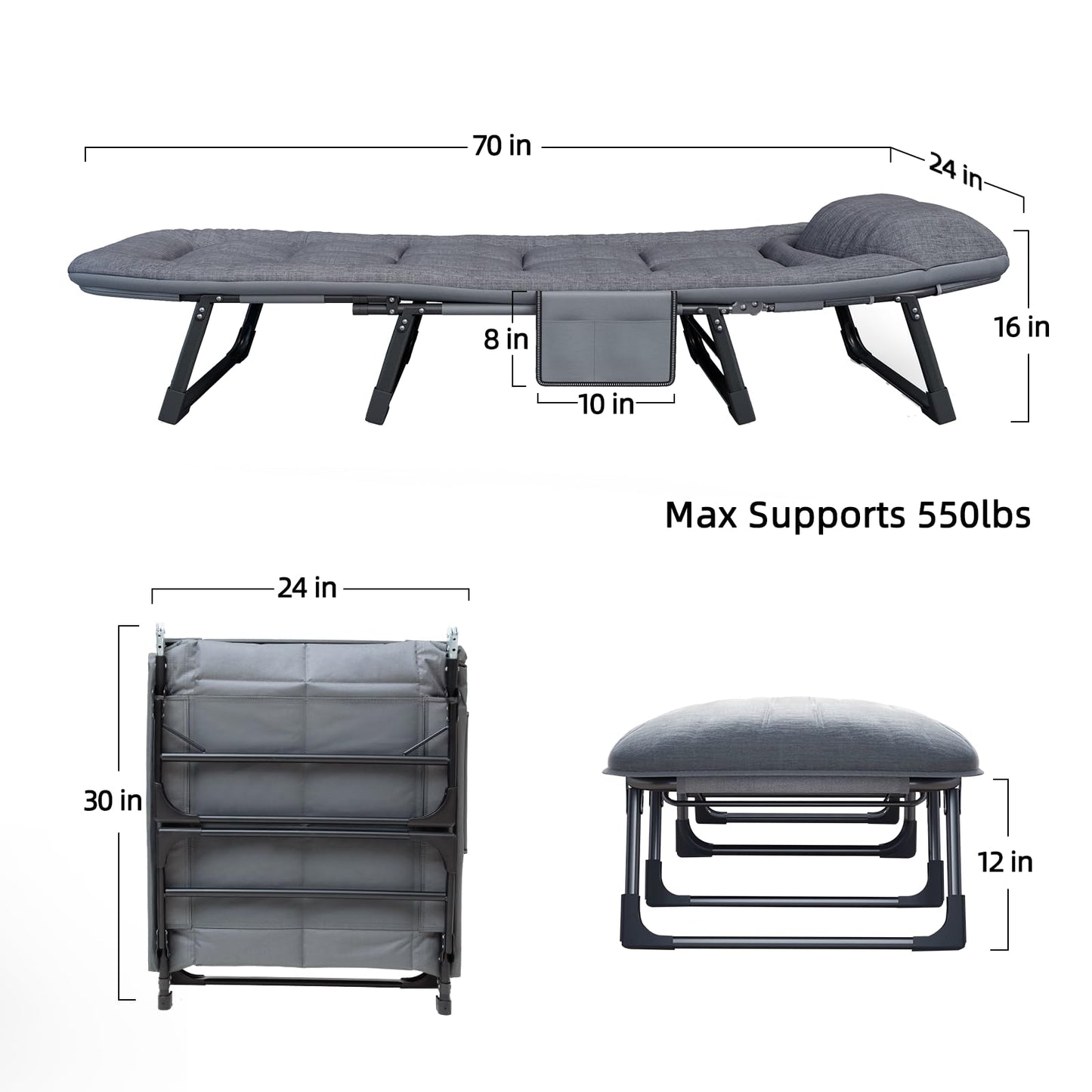 SnozeFlex Chaise Lounge Chair, Folding Cot, 6-Angle Adjustable Camping Cot with Mattress for Patio and Beach, Foldable Bed Portable Heavy Duty Lay Flat Reclining with Pillow (Gray, M - 70'')