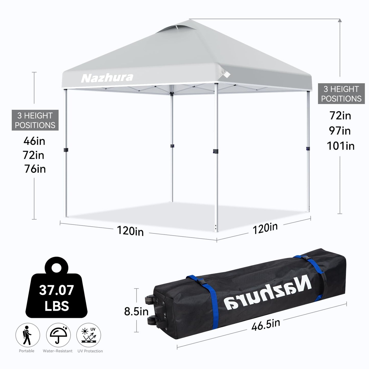 Nazhura 10' x 10' Pop Up Canopy Tent with Sand Weight Bag, Freestanding Sun Shelter for Picnic and Camping, One Person Setup and Height Adjustable (White)