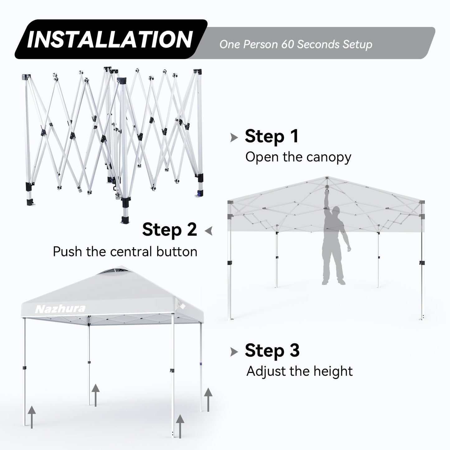 Nazhura 10' x 10' Pop Up Canopy Tent with Sand Weight Bag, Freestanding Sun Shelter for Picnic and Camping, One Person Setup and Height Adjustable (White)