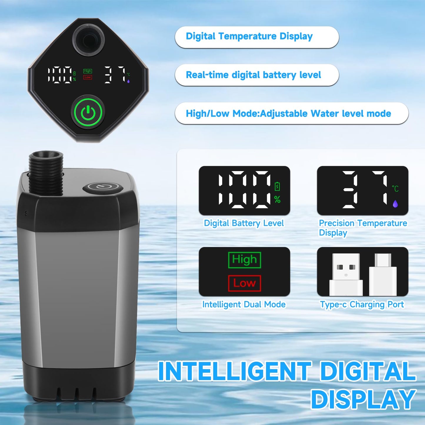 vignuto Portable Shower for Camping, Rechargeable Camping Shower Pump with LED Display of Battery Level and Temperature, Lasting-150 Mins, Suitable for Outdoor Shower, Pet Bath, Car Washing