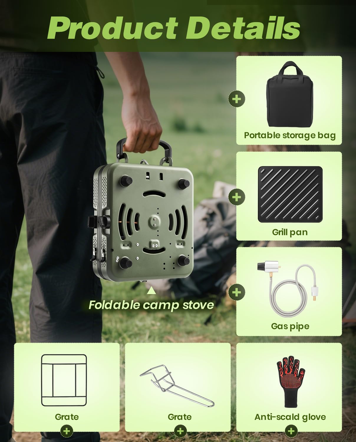 Saker 2 Burner Propane Camping Stove with Grill: Foldable Portable Camp Stove with Carry Bag - Adjustable Burners Camping Grill for BBQ Tailgating Gear - Backpacking Outdoor Cooking