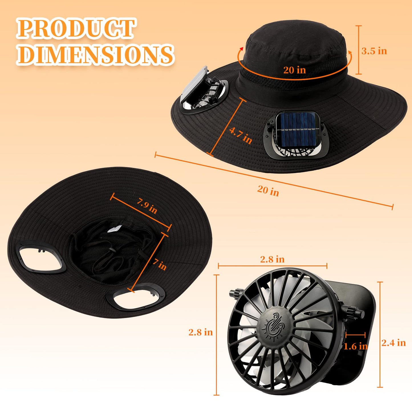 Solar Powered Fan Hat with 2 Removable Fans Wide Brim Sun Hat for Outdoor Fishing, Hiking Gardening, USB Solar Charging Sun Protection UPF 50+ (US, Alpha, One Size, Black)