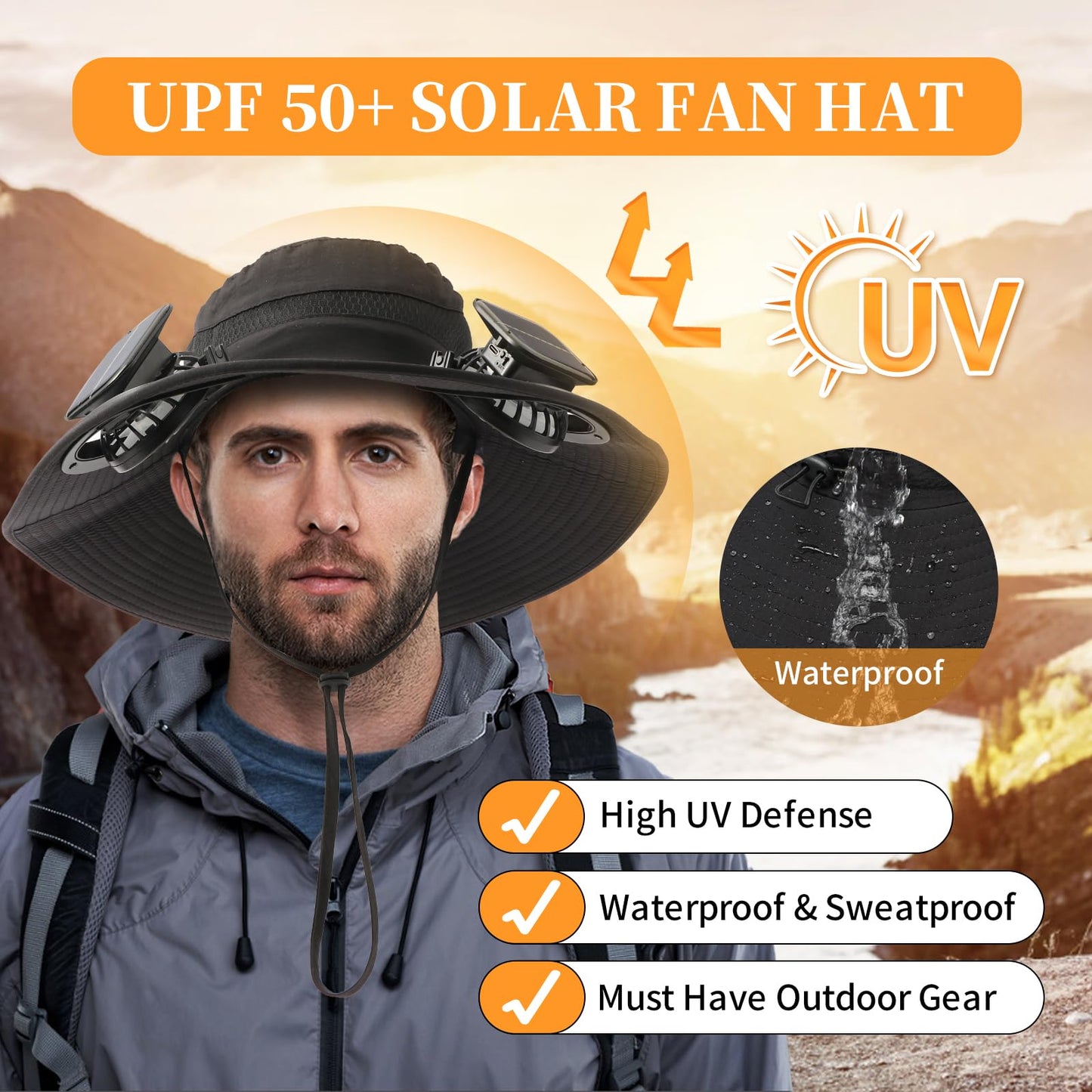 Solar Powered Fan Hat with 2 Removable Fans Wide Brim Sun Hat for Outdoor Fishing, Hiking Gardening, USB Solar Charging Sun Protection UPF 50+ (US, Alpha, One Size, Black)