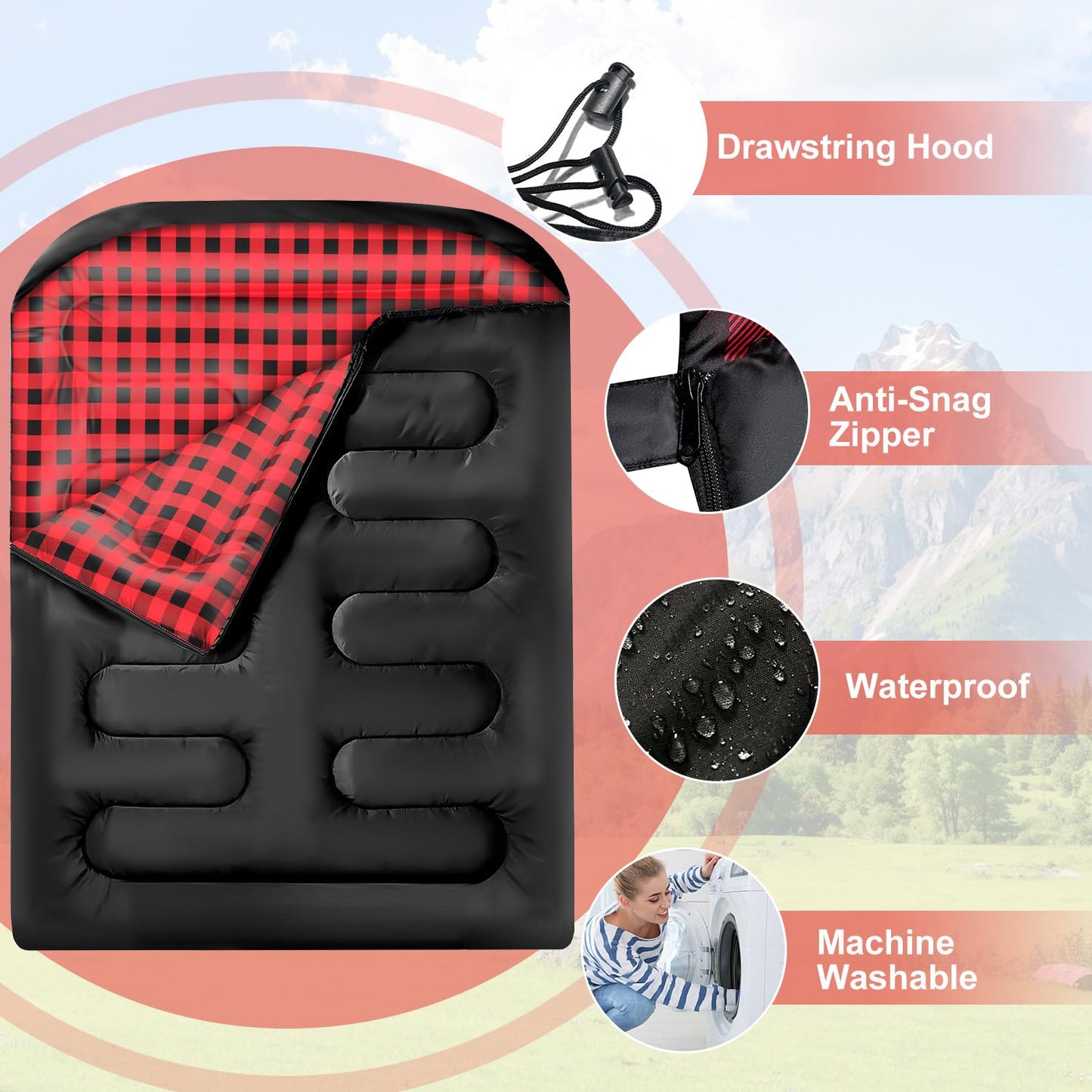 Double Sleeping Bags for Adults, Queen Size 2 Person All Season for Warm & Cold Weather Backcountry Ski Skins | Fits Kids 10-12 - Lightweight & Waterproof Camping Essentials for Hiking, Backpacking