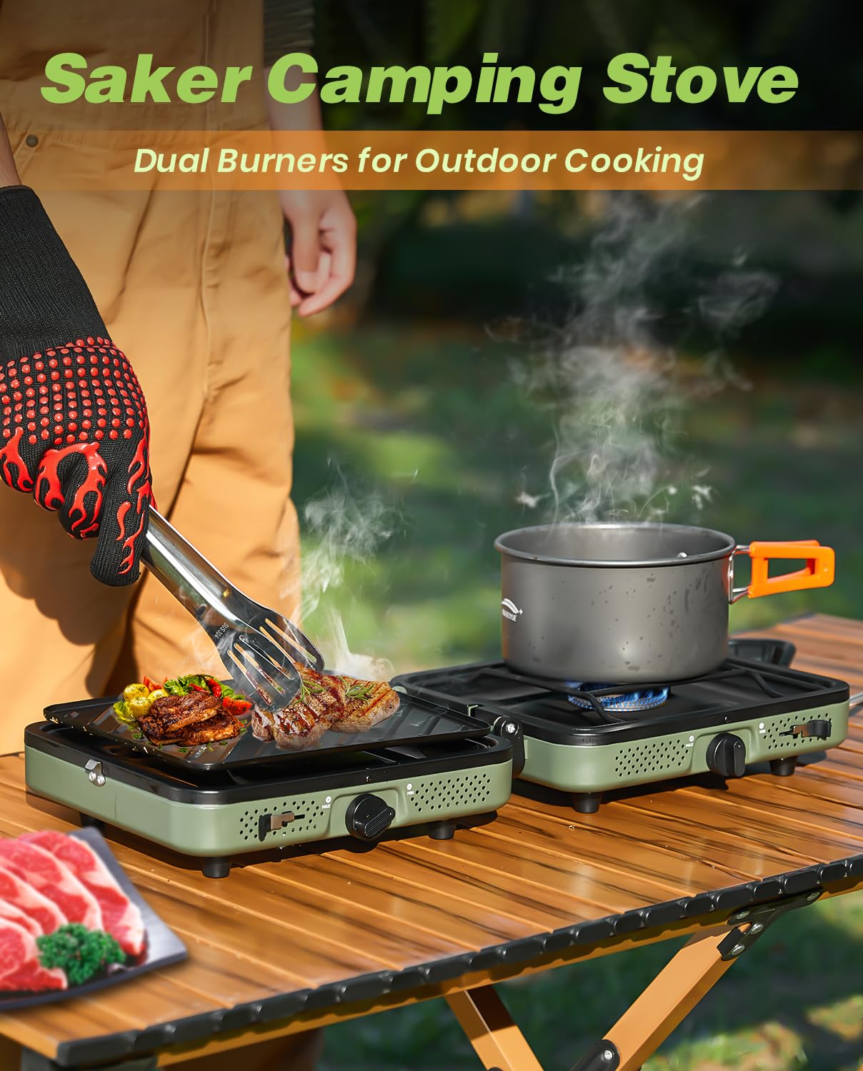 Saker 2 Burner Propane Camping Stove with Grill: Foldable Portable Camp Stove with Carry Bag - Adjustable Burners Camping Grill for BBQ Tailgating Gear - Backpacking Outdoor Cooking