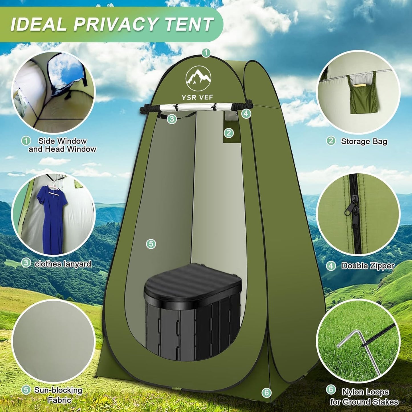 Portable Camping Toilet Kit with Pop-Up Privacy Tent, Washable Outdoor Shower and Changing Room, Includes Toilet Bags and Poo Gel