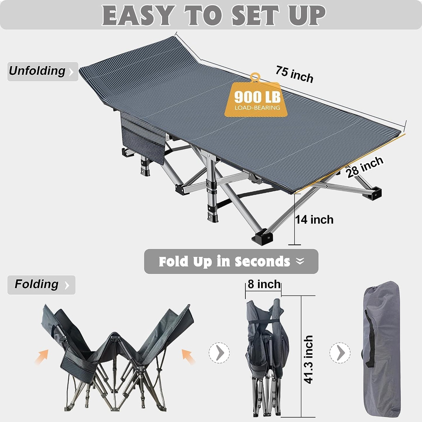 ABORON Folding Camping Cot W/Mat for Adults, Heavy Duty Outdoor Bed with Carry Bag,1200 D Layer Oxford Travel Camp Cots