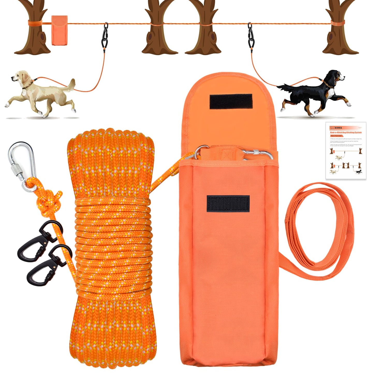 KATOLK Upgraded Dog Tie Out Cable for Camping, 100FT Portable Trolley System for 2 Dogs, Knot-a-Hitch Dogs Hitching System up to 250lbs, Dog Runner for Yard Camping Training Running Hiking Outdoor
