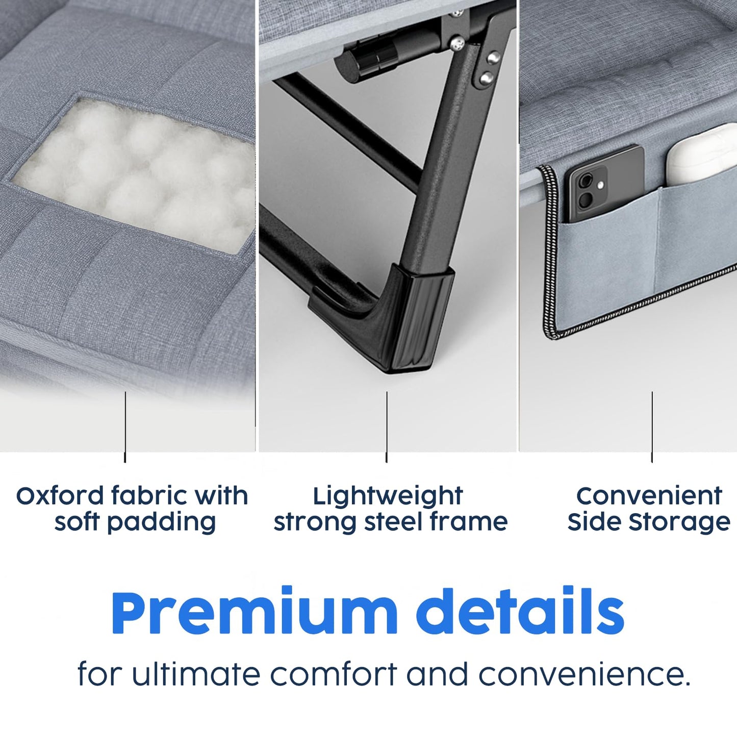 SnozeFlex Chaise Lounge Chair, Folding Cot, 6-Angle Adjustable Camping Cot with Mattress for Patio and Beach, Foldable Bed Portable Heavy Duty Lay Flat Reclining with Pillow (Gray, M - 70'')