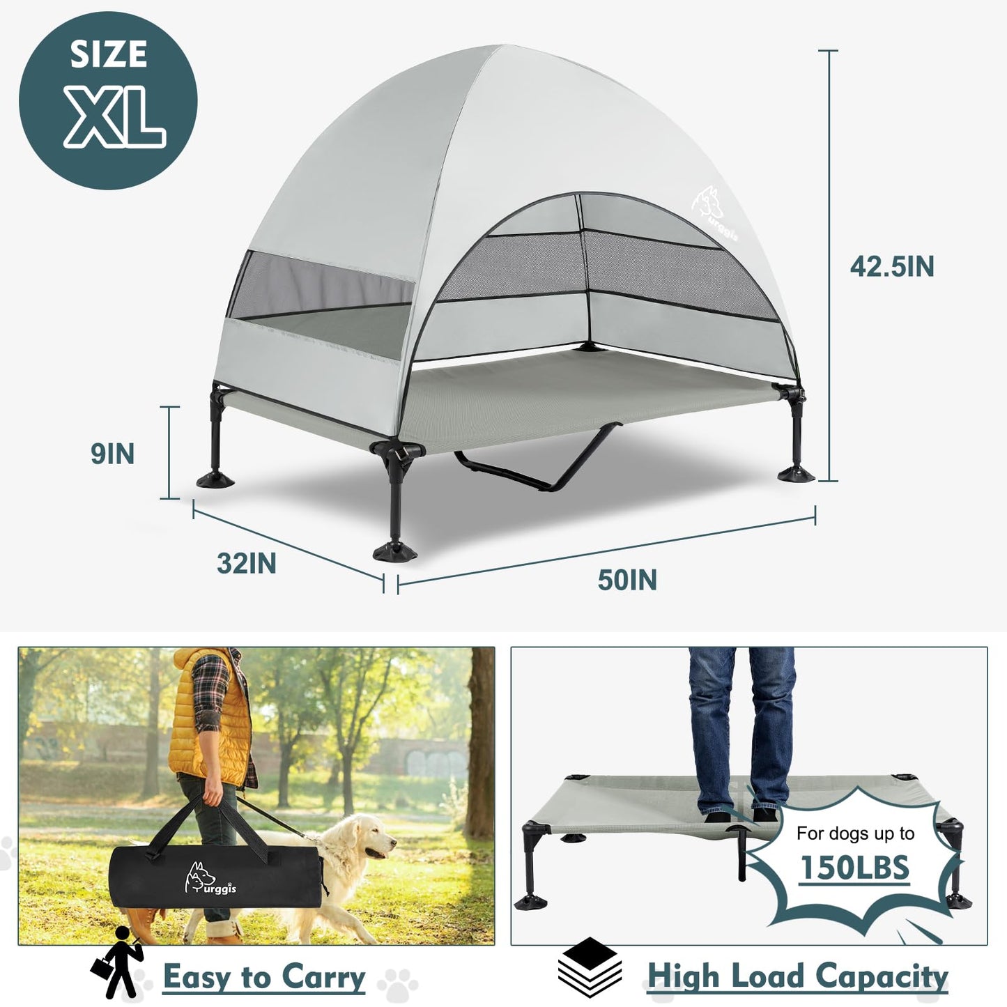 Upgraded Elevated Dog Bed with Canopy, Portable Raised Outdoor Dog Bed with Stable Anti-Slip Feet, Removable Wider Shade, Raised Dogs Cot for Large Pets Camping, Indoor & Outdoor Use