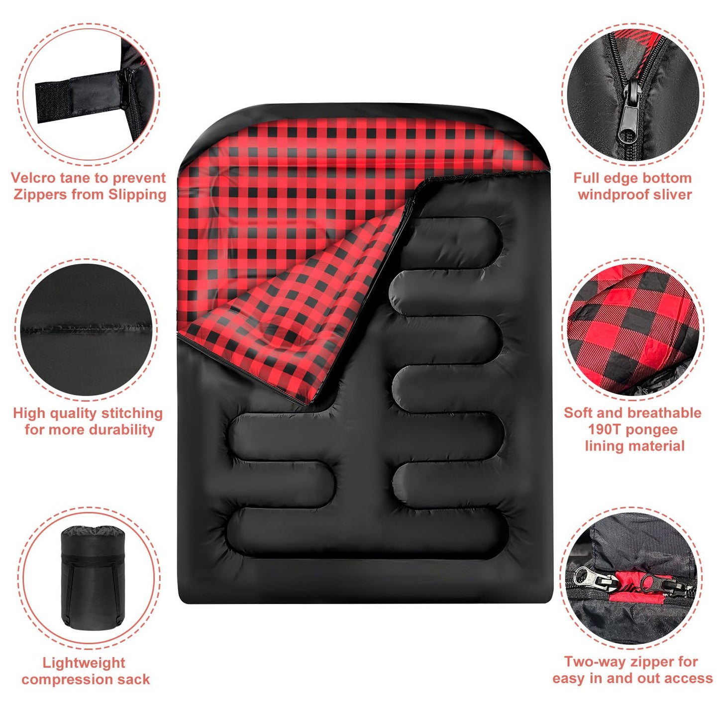 Double Sleeping Bags for Adults, Queen Size 2 Person All Season for Warm & Cold Weather Backcountry Ski Skins | Fits Kids 10-12 - Lightweight & Waterproof Camping Essentials for Hiking, Backpacking