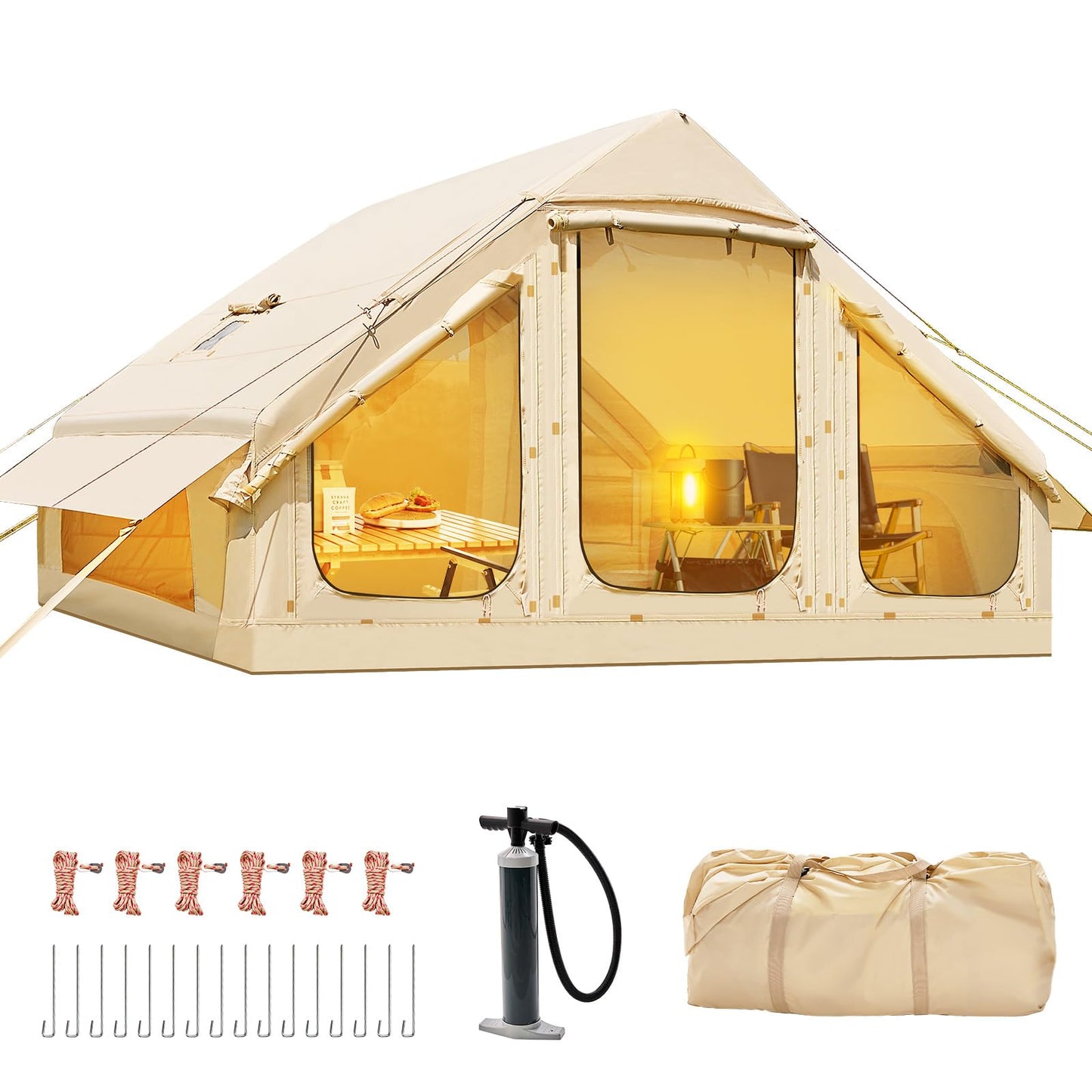 Inflatable Tents for Camping, Blow Up Tent with Hand Pump, Easy Setup Inflatable Hot Tent with Stove Jack, Waterproof Oxford Air Glamping Tents for Camping Adult 4 Person