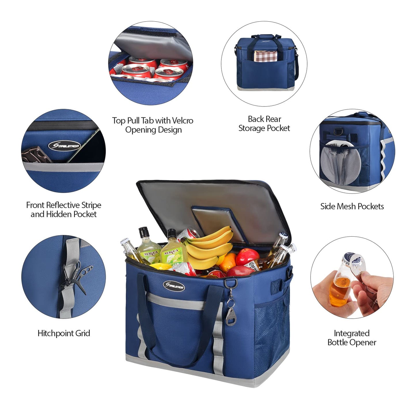 Maelstrom Collapsible Soft Sided Cooler - 75 Cans Extra Large Lunch Cooler Bag Insulated Leakproof Camping Cooler, Portable for Grocery Shopping, Camping, Tailgating and Road Trips,Blue
