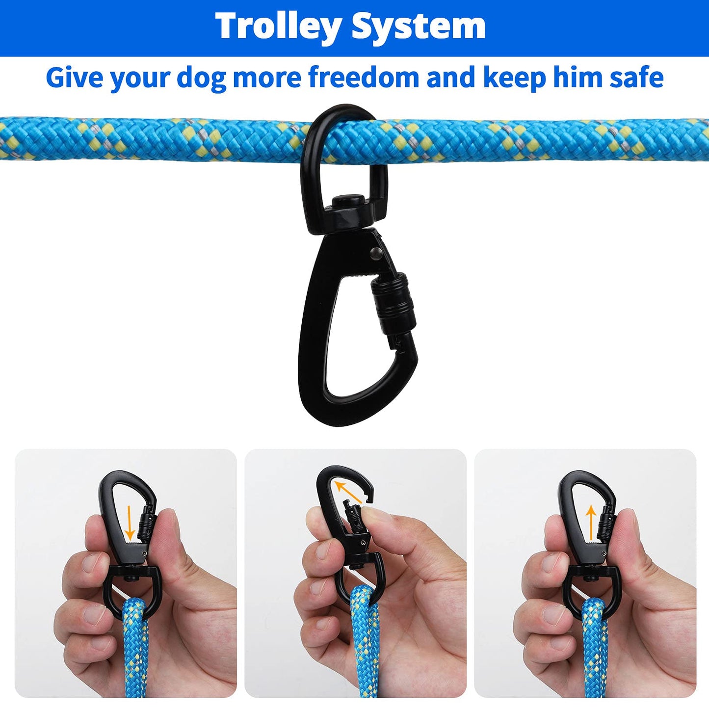 Dog Tie Out Cable for Camping - 50ft/70ft/100ft Portable Reflective Overhead Trolley System for Dogs up to 300lbs - Dog Lead for Yard Camping | Parks | Outdoor Events Blue