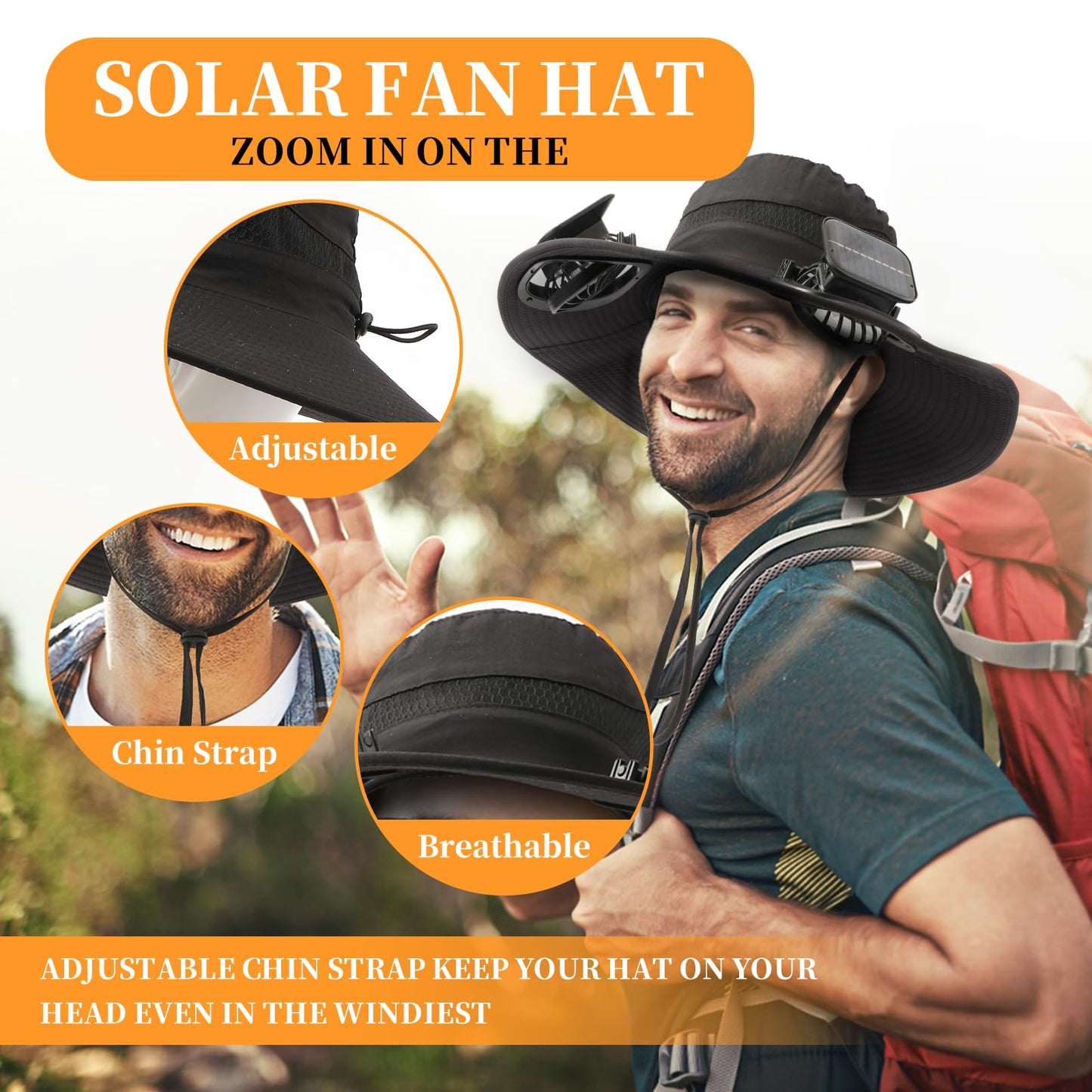 Solar Powered Fan Hat with 2 Removable Fans Wide Brim Sun Hat for Outdoor Fishing, Hiking Gardening, USB Solar Charging Sun Protection UPF 50+ (US, Alpha, One Size, Black)