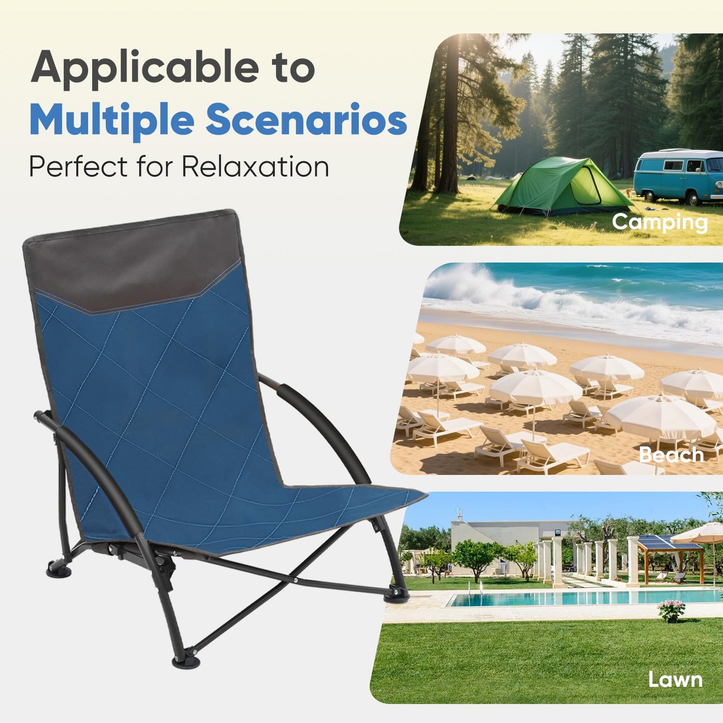Sekey Portable Beach Chair, Lightweight Camping Chair with Carry Bag, Low Folding Beach Chair for Adults, Compact Ourdoor Chair for Picnic, Fishing and Sports Events, Blue