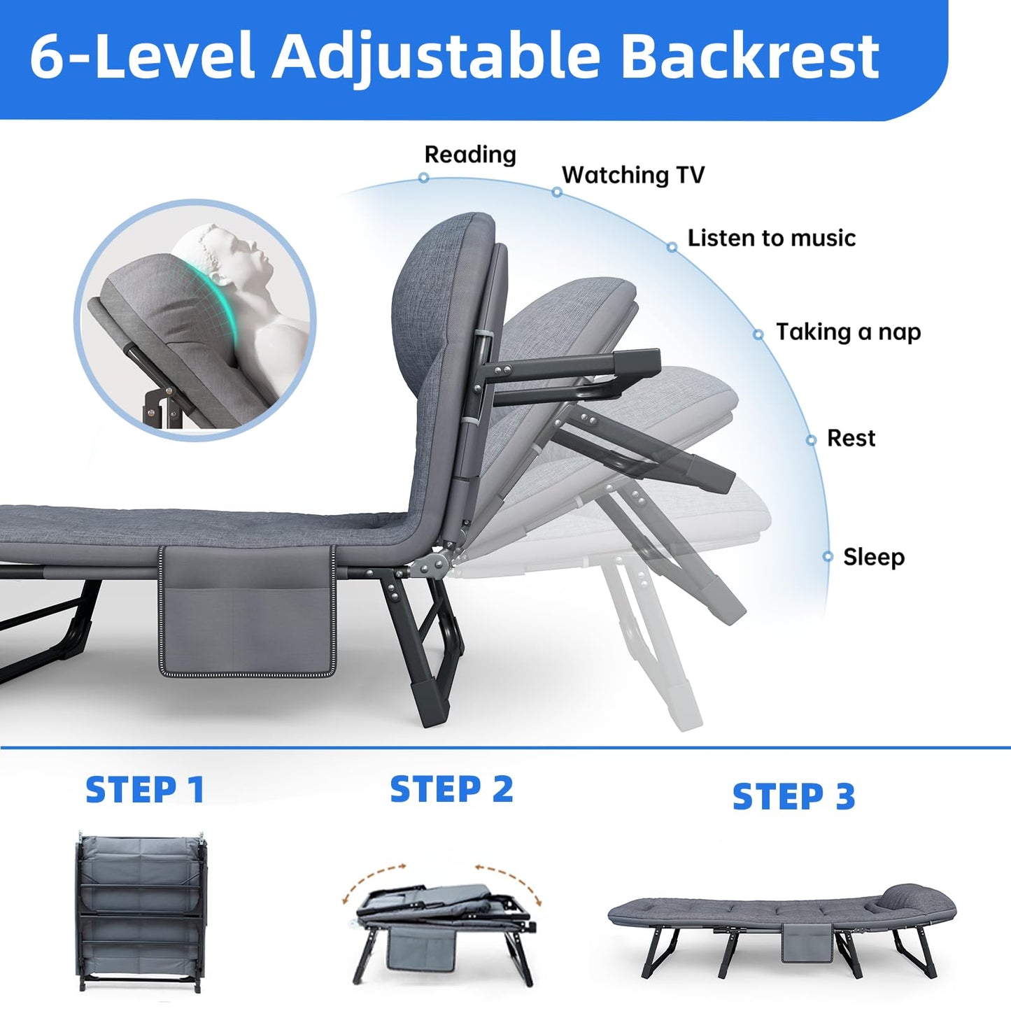 SnozeFlex Chaise Lounge Chair, Folding Cot, 6-Angle Adjustable Camping Cot with Mattress for Patio and Beach, Foldable Bed Portable Heavy Duty Lay Flat Reclining with Pillow (Gray, M - 70'')