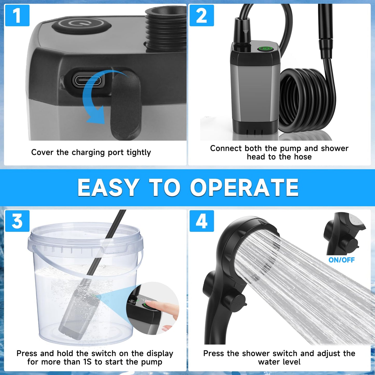 vignuto Portable Shower for Camping, Rechargeable Camping Shower Pump with LED Display of Battery Level and Temperature, Lasting-150 Mins, Suitable for Outdoor Shower, Pet Bath, Car Washing