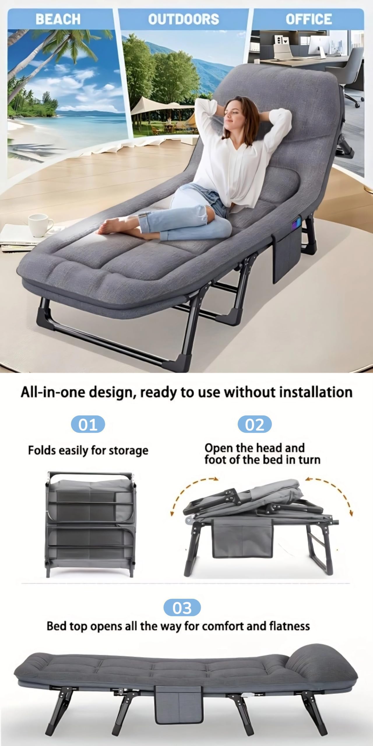 SnozeFlex Chaise Lounge Chair, Folding Cot, 6-Angle Adjustable Camping Cot with Mattress for Patio and Beach, Foldable Bed Portable Heavy Duty Lay Flat Reclining with Pillow (Gray, M - 70'')