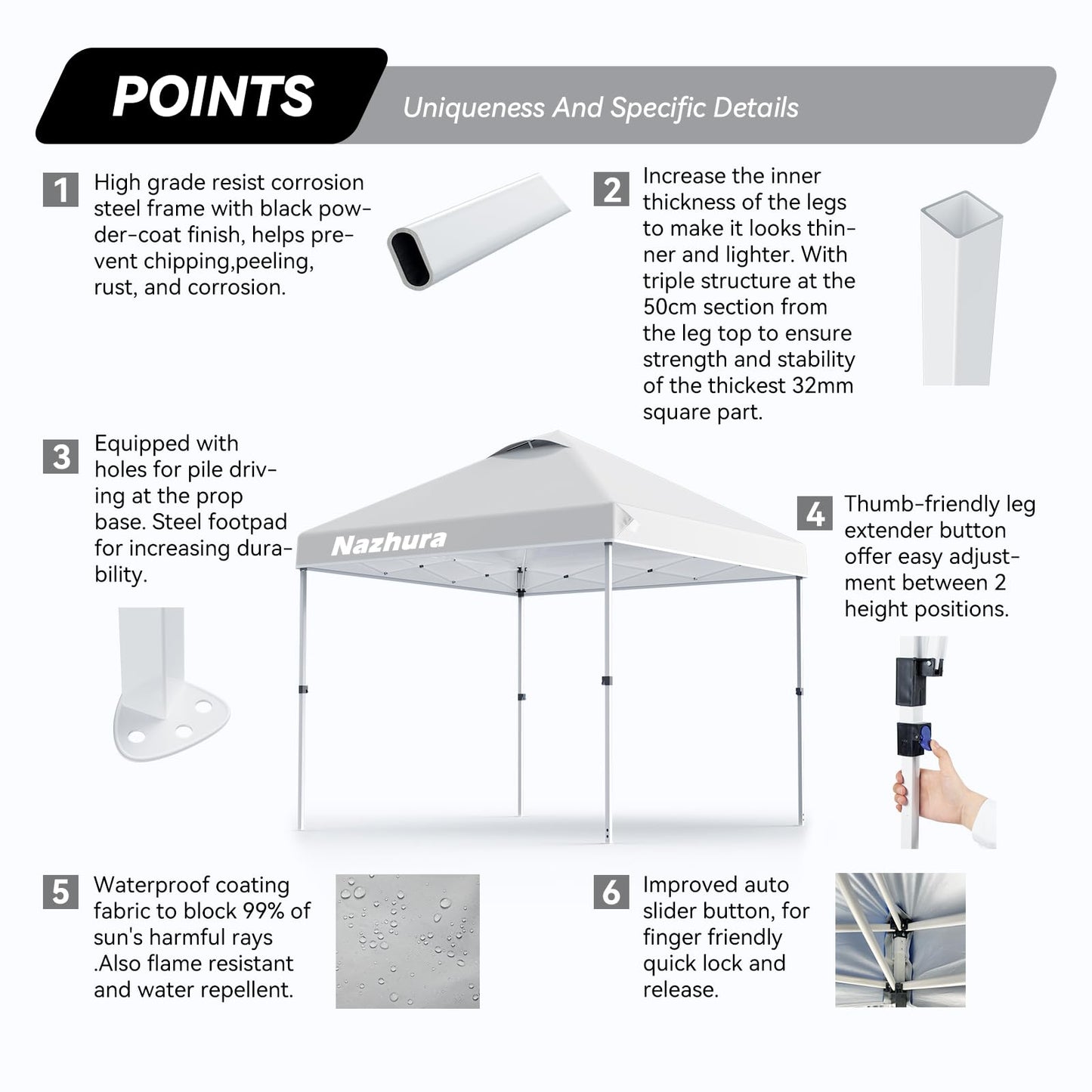 Nazhura 10' x 10' Pop Up Canopy Tent with Sand Weight Bag, Freestanding Sun Shelter for Picnic and Camping, One Person Setup and Height Adjustable (White)
