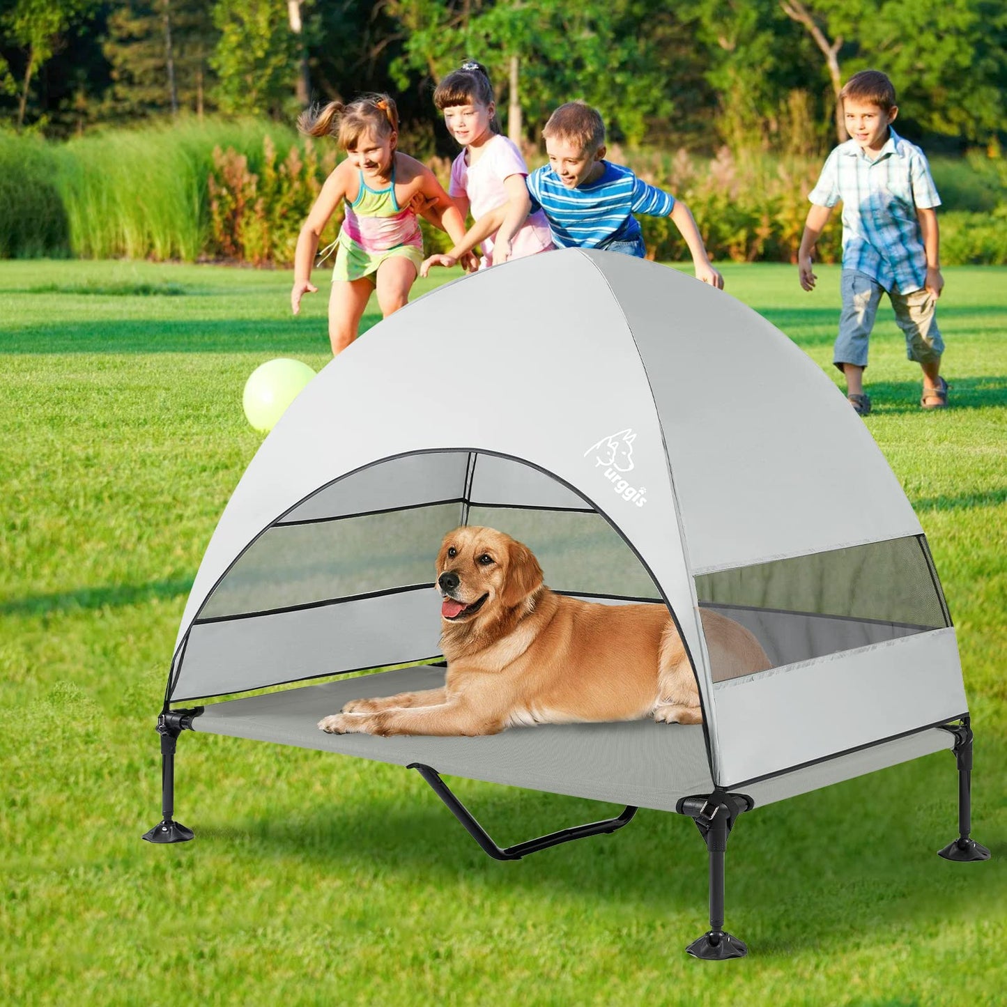 Upgraded Elevated Dog Bed with Canopy, Portable Raised Outdoor Dog Bed with Stable Anti-Slip Feet, Removable Wider Shade, Raised Dogs Cot for Large Pets Camping, Indoor & Outdoor Use