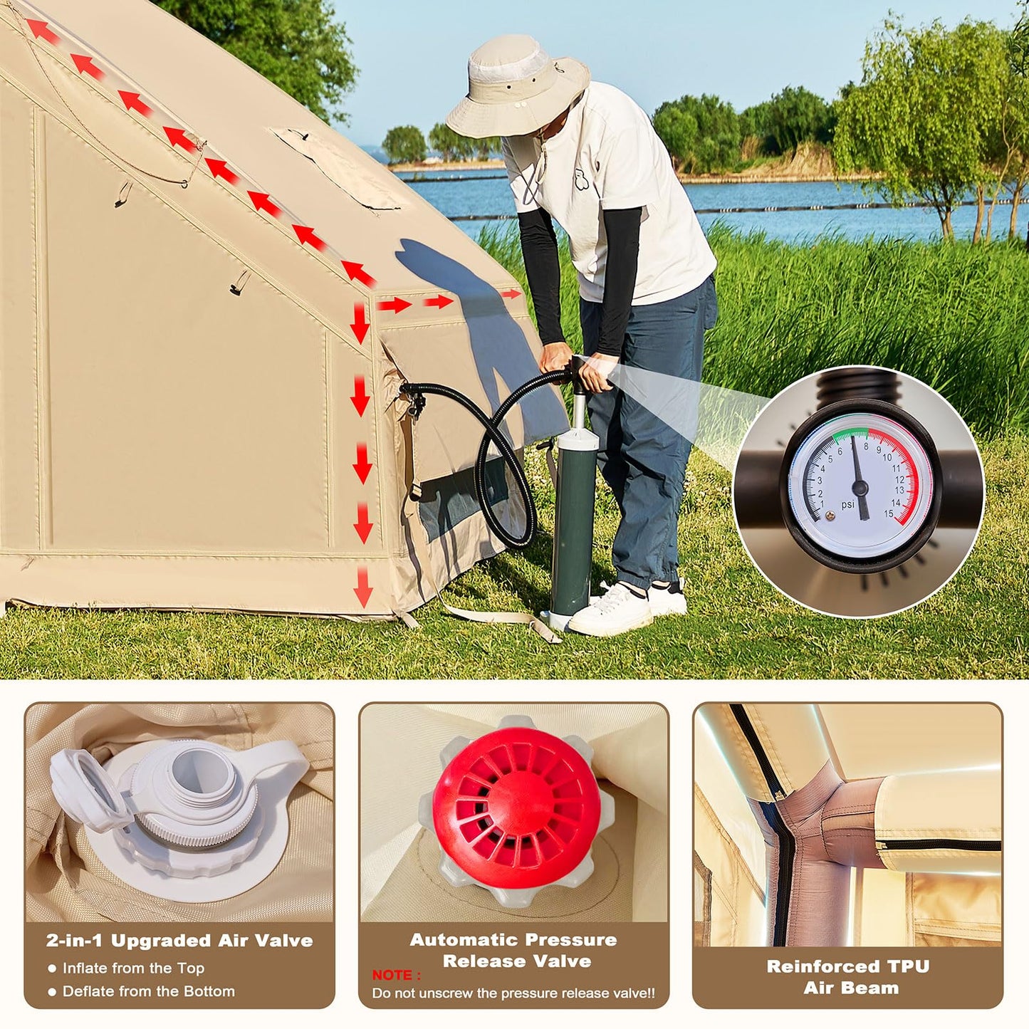 Inflatable Tents for Camping, Blow Up Tent with Hand Pump, Easy Setup Inflatable Hot Tent with Stove Jack, Waterproof Oxford Air Glamping Tents for Camping Adult 4 Person