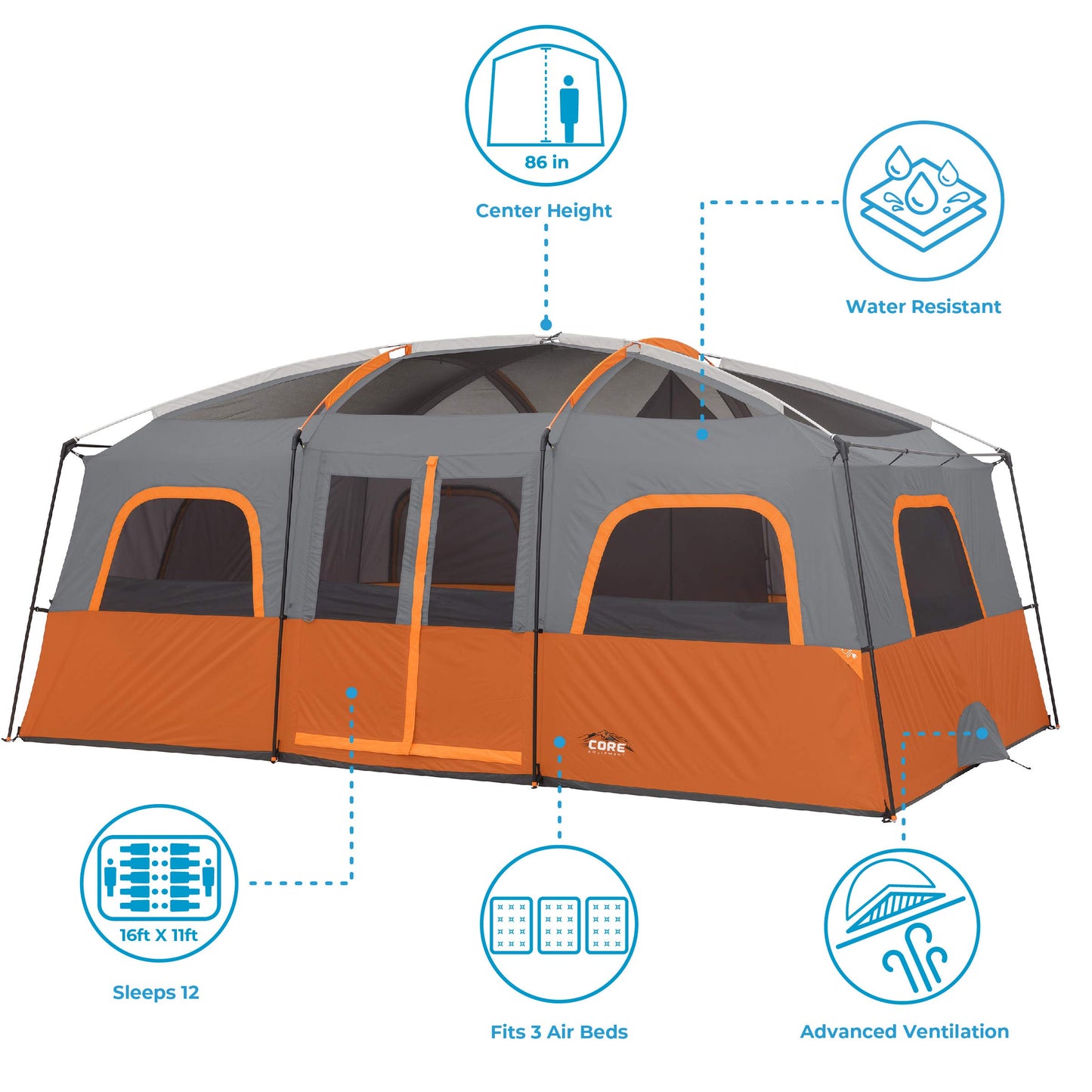 CORE 12 Person Tent | Large Multi Room Family Cabin Tent with Carry Bag for Outdoor Car Camping | Included Storage Pockets for Camping Accessories