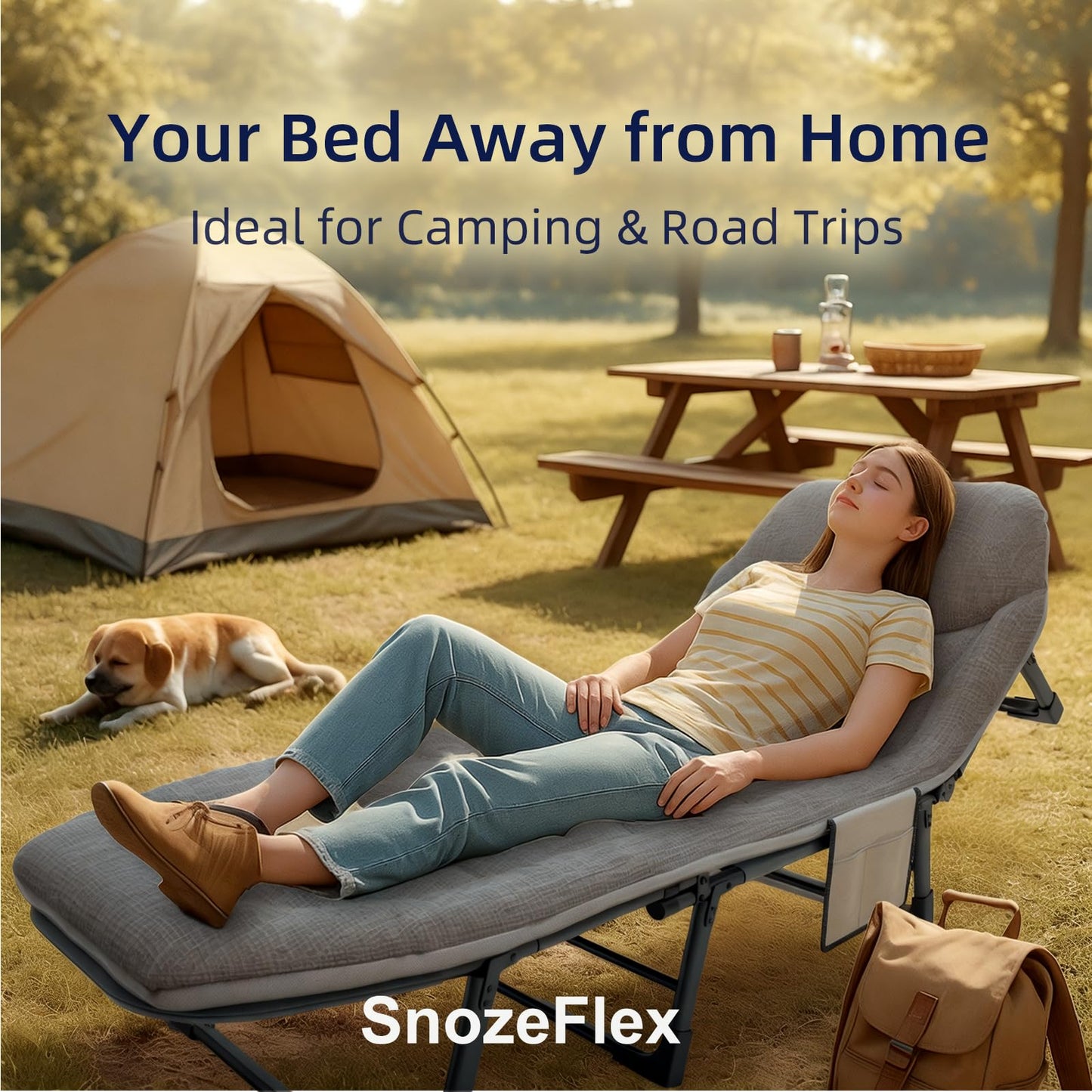 SnozeFlex Chaise Lounge Chair, Folding Cot, 6-Angle Adjustable Camping Cot with Mattress for Patio and Beach, Foldable Bed Portable Heavy Duty Lay Flat Reclining with Pillow (Gray, M - 70'')