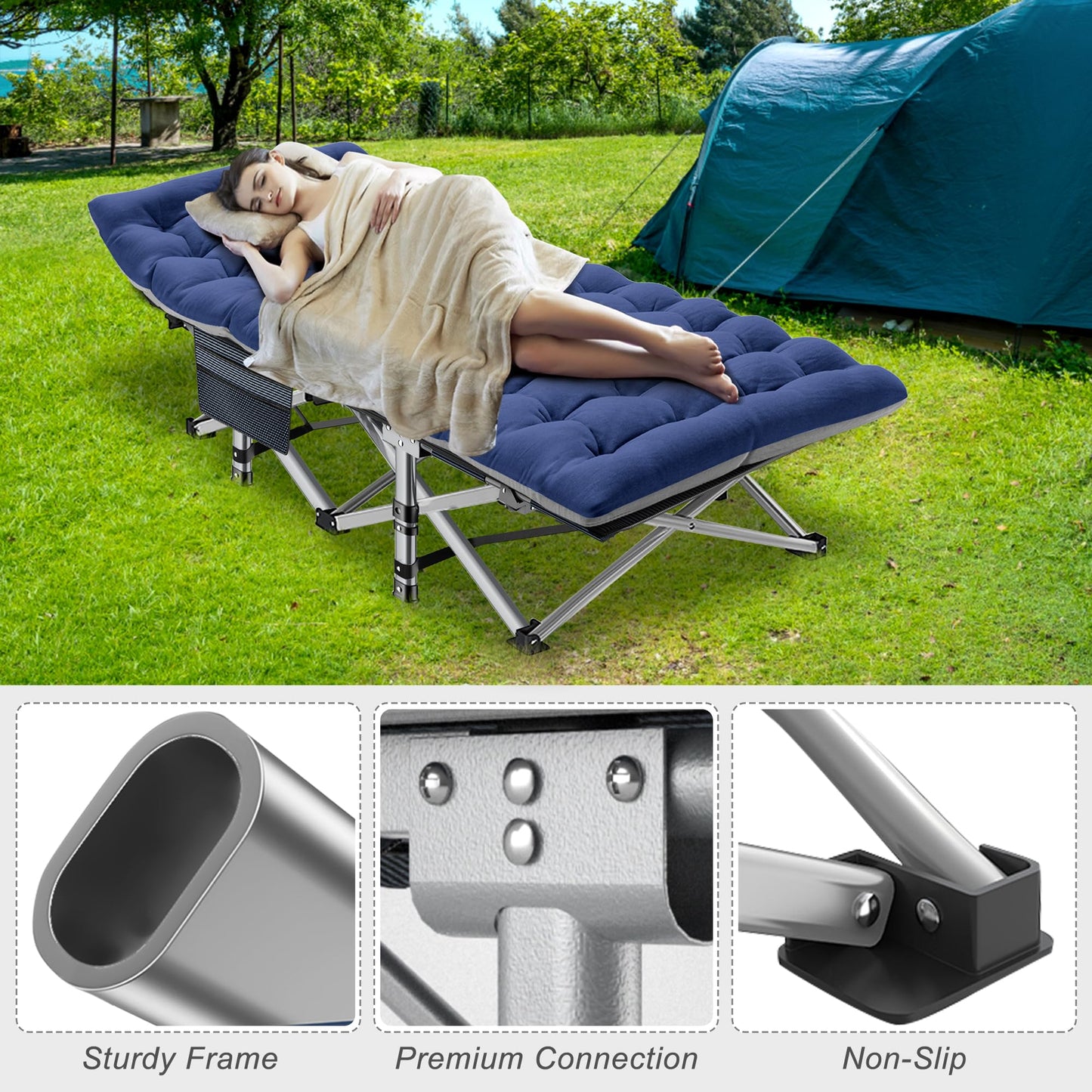 ABORON Folding Camping Cot W/Mat for Adults, Heavy Duty Outdoor Bed with Carry Bag,1200 D Layer Oxford Travel Camp Cots
