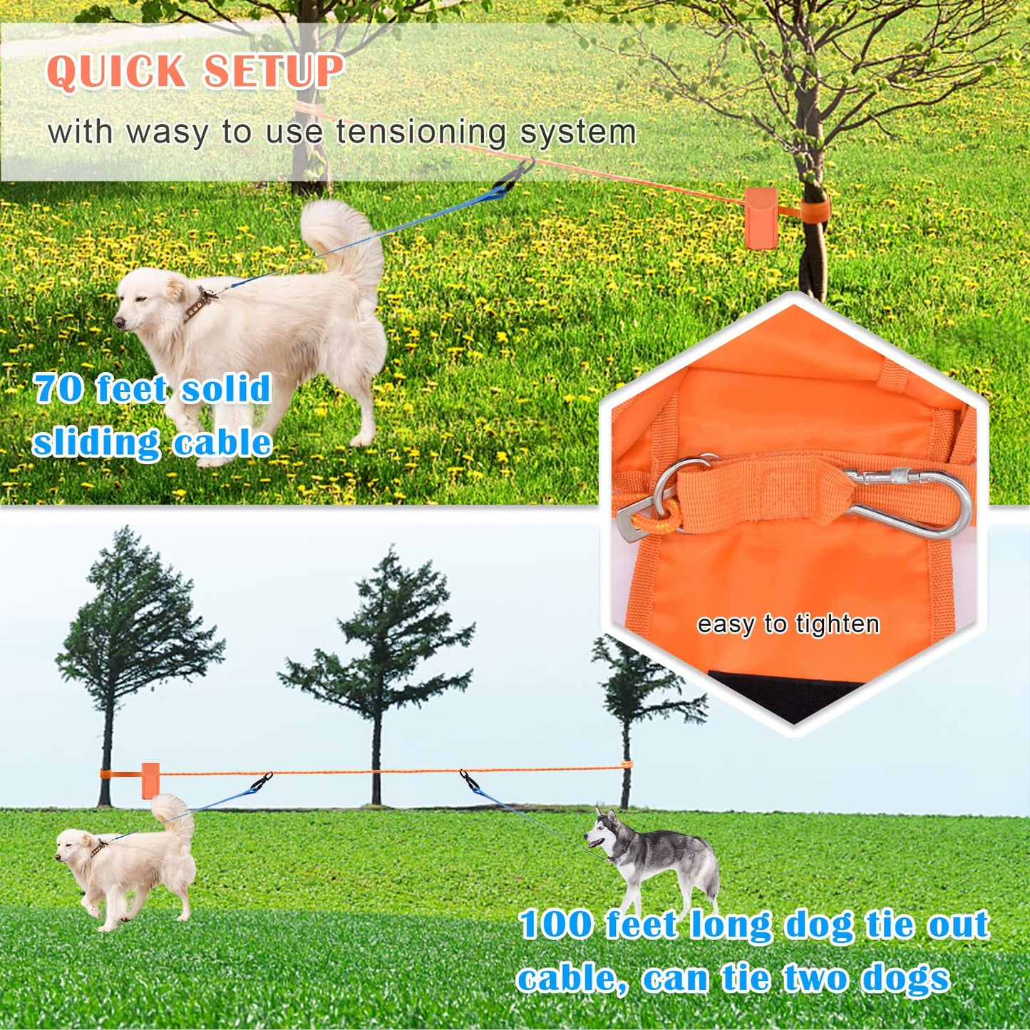 KATOLK Upgraded Dog Tie Out Cable for Camping, 100FT Portable Trolley System for 2 Dogs, Knot-a-Hitch Dogs Hitching System up to 250lbs, Dog Runner for Yard Camping Training Running Hiking Outdoor