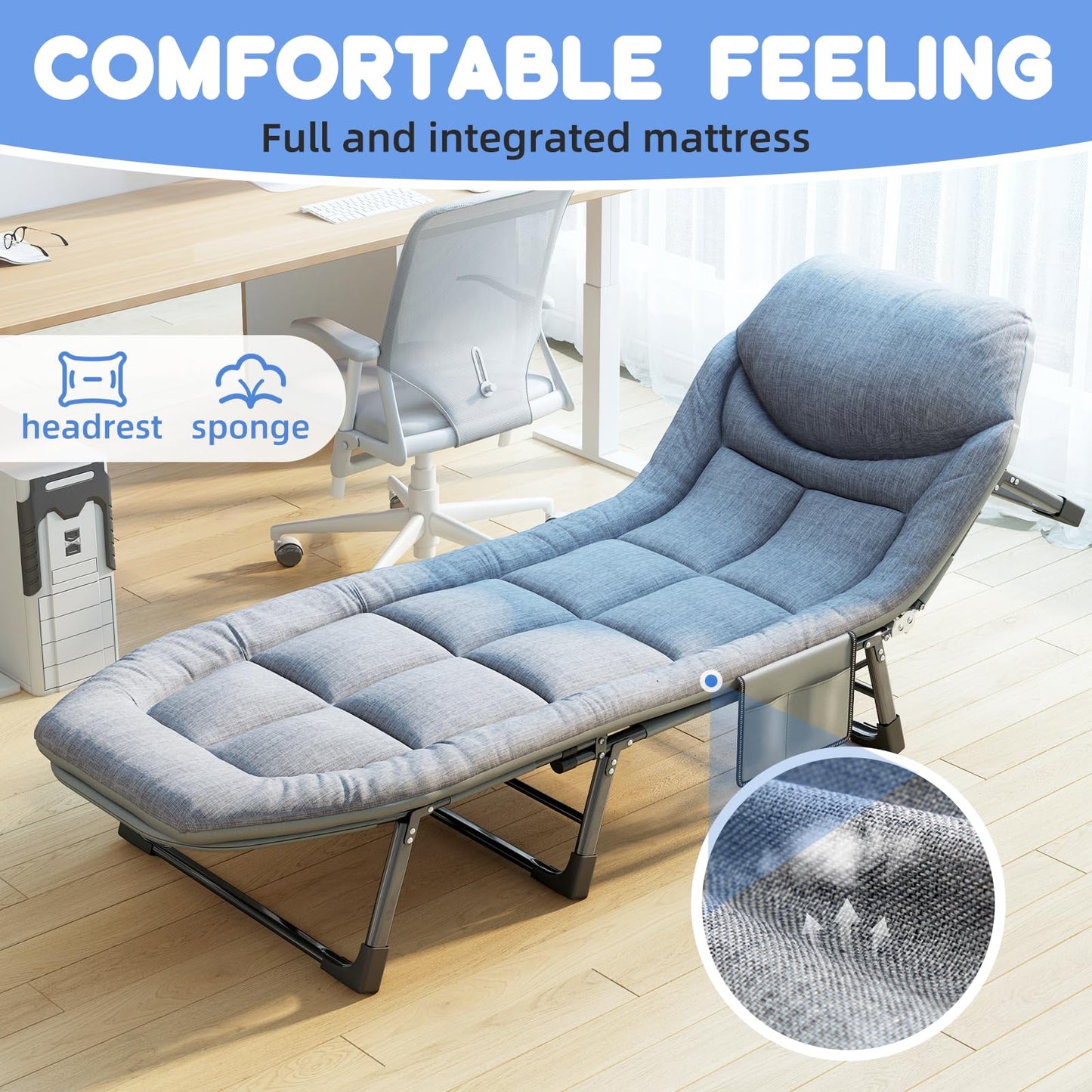 SnozeFlex Chaise Lounge Chair, Folding Cot, 6-Angle Adjustable Camping Cot with Mattress for Patio and Beach, Foldable Bed Portable Heavy Duty Lay Flat Reclining with Pillow (Gray, M - 70'')