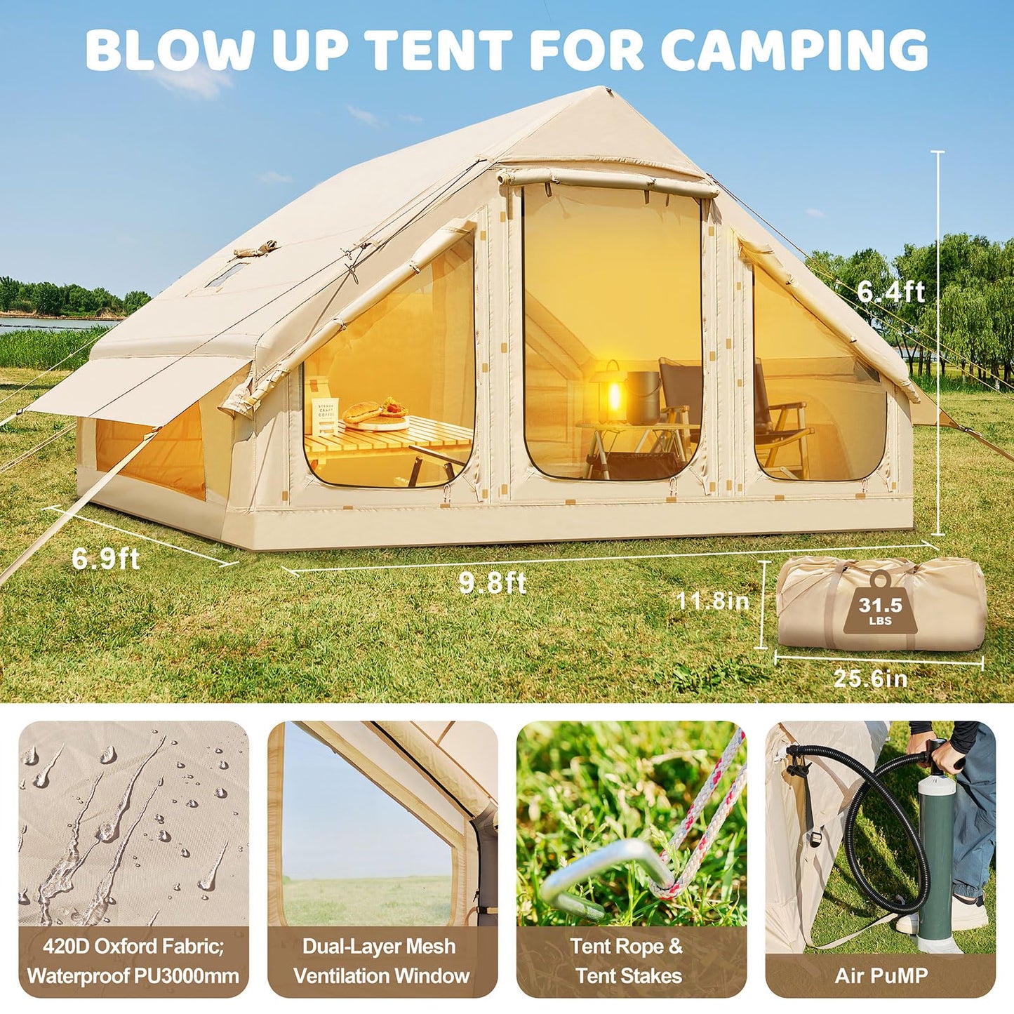 Inflatable Tents for Camping, Blow Up Tent with Hand Pump, Easy Setup Inflatable Hot Tent with Stove Jack, Waterproof Oxford Air Glamping Tents for Camping Adult 4 Person