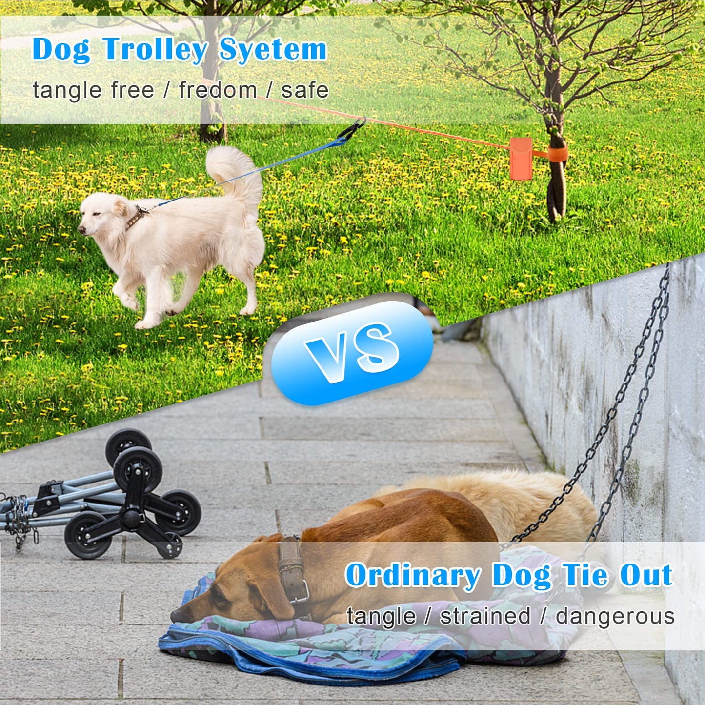 KATOLK Upgraded Dog Tie Out Cable for Camping, 100FT Portable Trolley System for 2 Dogs, Knot-a-Hitch Dogs Hitching System up to 250lbs, Dog Runner for Yard Camping Training Running Hiking Outdoor