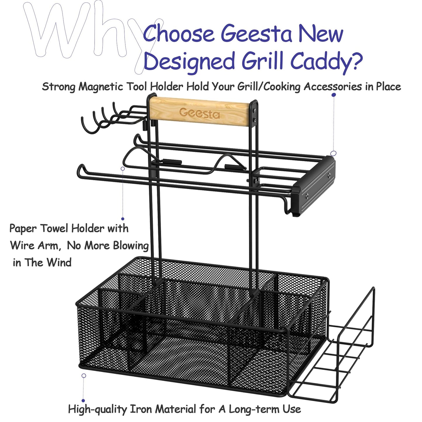 Geesta Grill Caddy - BBQ & Picnic Caddy with Paper Towel & Magnetic Tool Holders, Condiment Storage for Camper & Tailgate