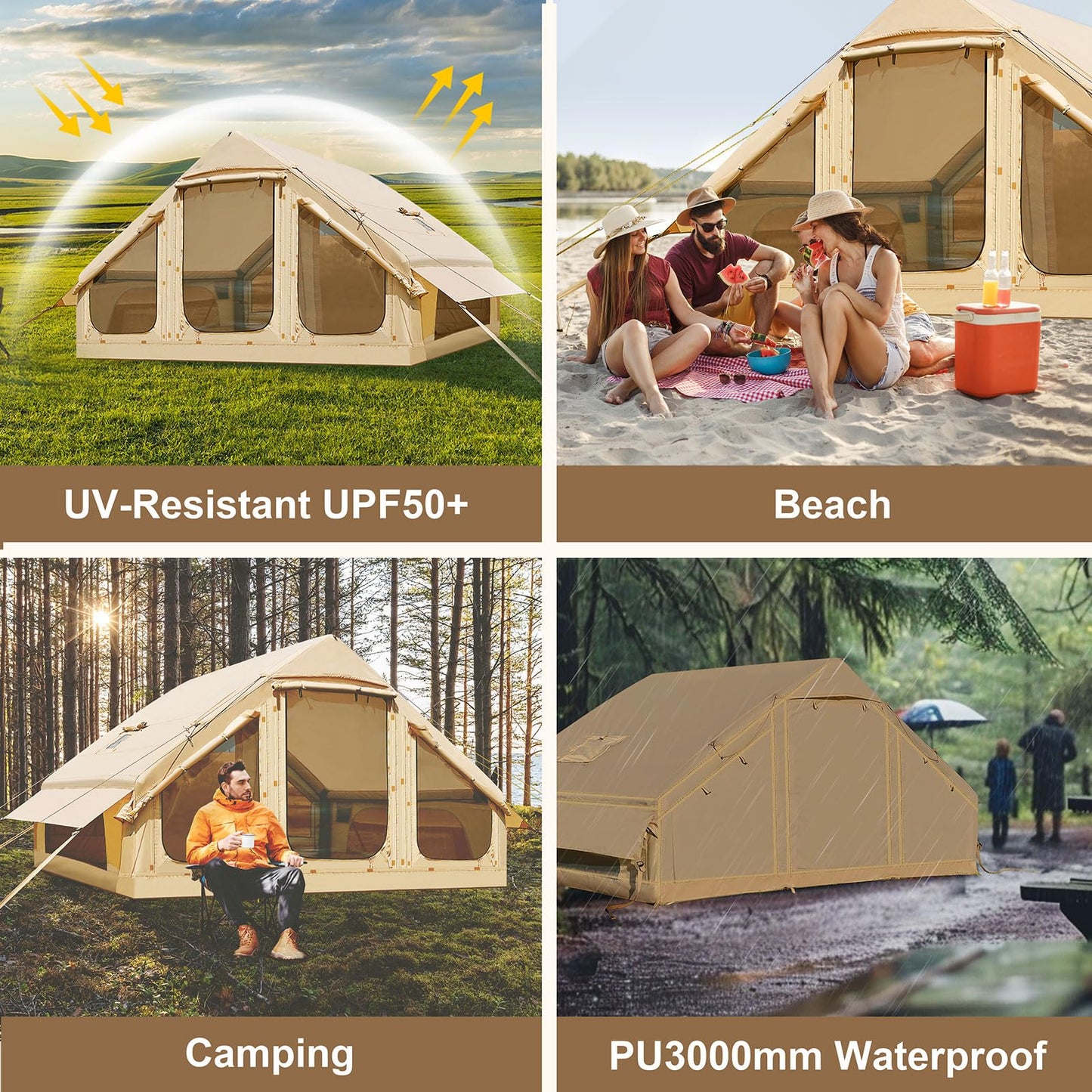 Inflatable Tents for Camping, Blow Up Tent with Hand Pump, Easy Setup Inflatable Hot Tent with Stove Jack, Waterproof Oxford Air Glamping Tents for Camping Adult 4 Person