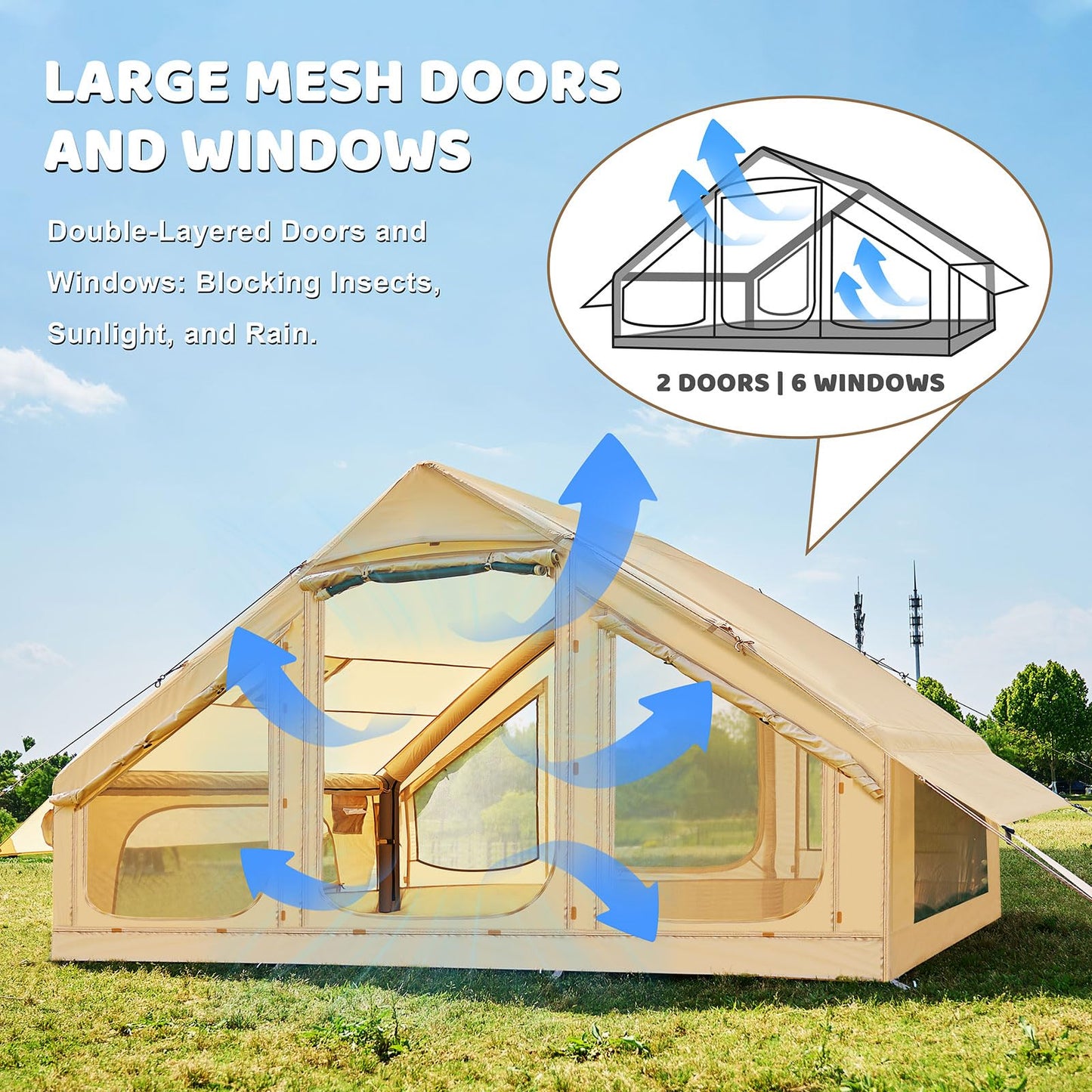Inflatable Tents for Camping, Blow Up Tent with Hand Pump, Easy Setup Inflatable Hot Tent with Stove Jack, Waterproof Oxford Air Glamping Tents for Camping Adult 4 Person