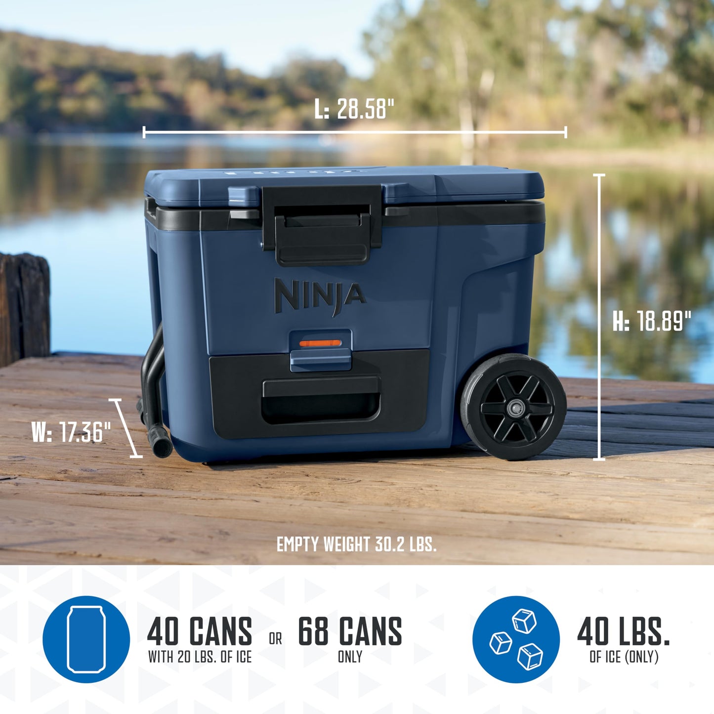 Ninja | Cooler | FrostVault 45QT Cooler with Wheels | Insulated with Temp Dry Storage Drawer | Keeps Ice Cold for Days | for The Beach, Camping, Picnics & More | Lakeshore Blue | FB245BL