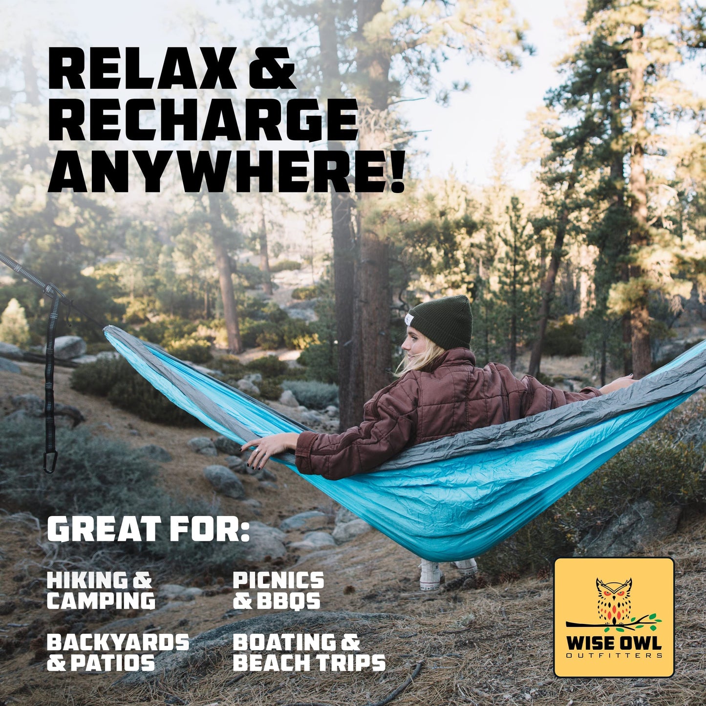 Wise Owl Outfitters Camping Hammock – 500lbs Portable Hammock with Tree Straps - Travel, Backpacking, Hiking, Outdoors Camping Gear - Double