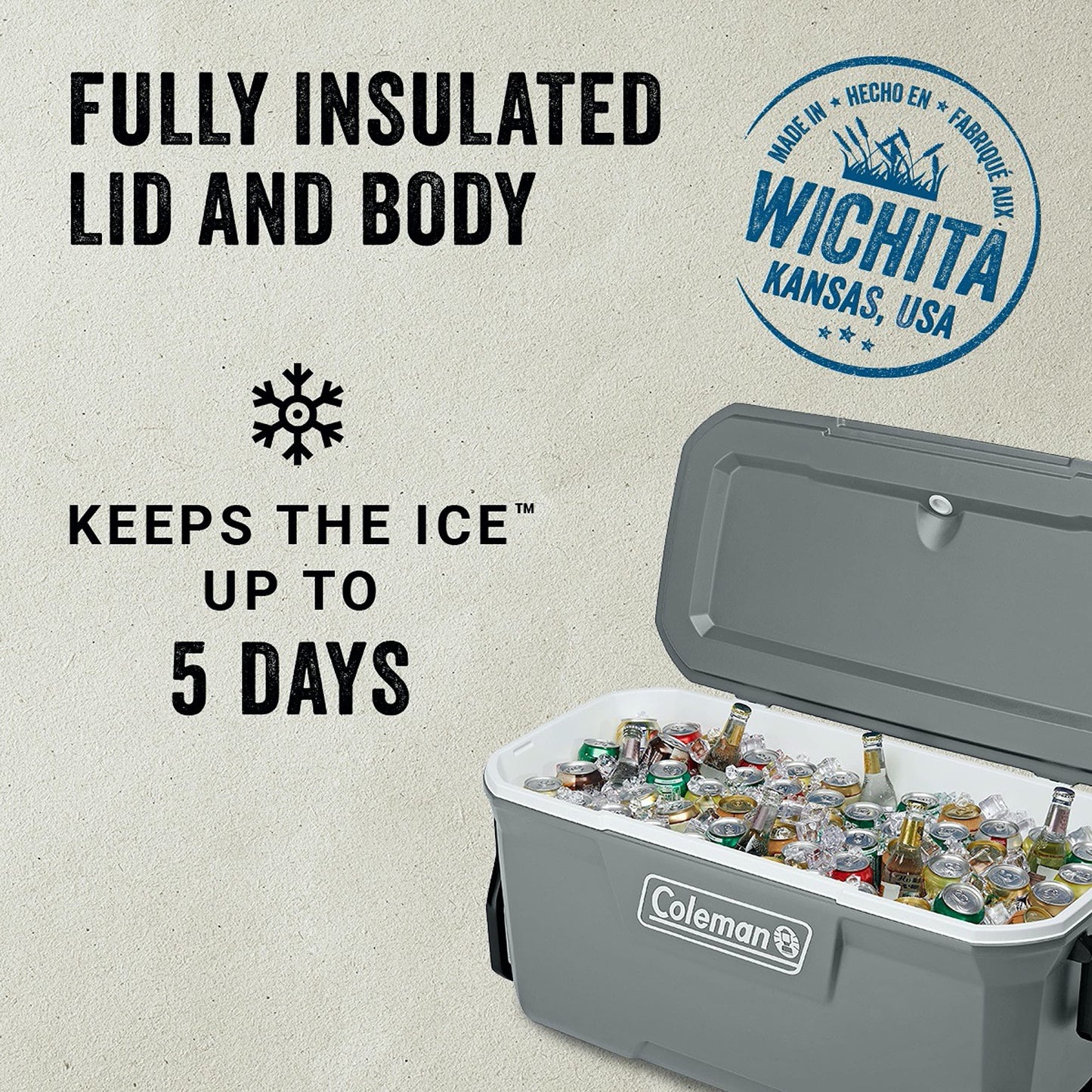 Coleman Classic Series Insulated Portable Rolling Cooler with Wheels, Leak-Resistant Outdoor Hard Cooler Keeps Ice up to 5 Days, 100-Quart