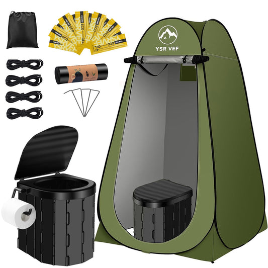 Portable Camping Toilet Kit with Pop-Up Privacy Tent, Washable Outdoor Shower and Changing Room, Includes Toilet Bags and Poo Gel