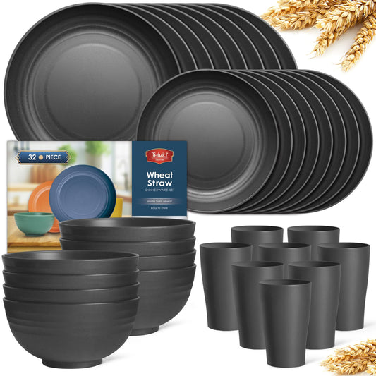 Teivio 32-Piece Kitchen Plastic Wheat Straw Dinnerware Set, Service for 8, Unbreakable Modern Dish Set - Dinner Plate/Dessert Plate/Cereal Bowl/Cup, for Apartment Essentials, Outdoor Camping,Black