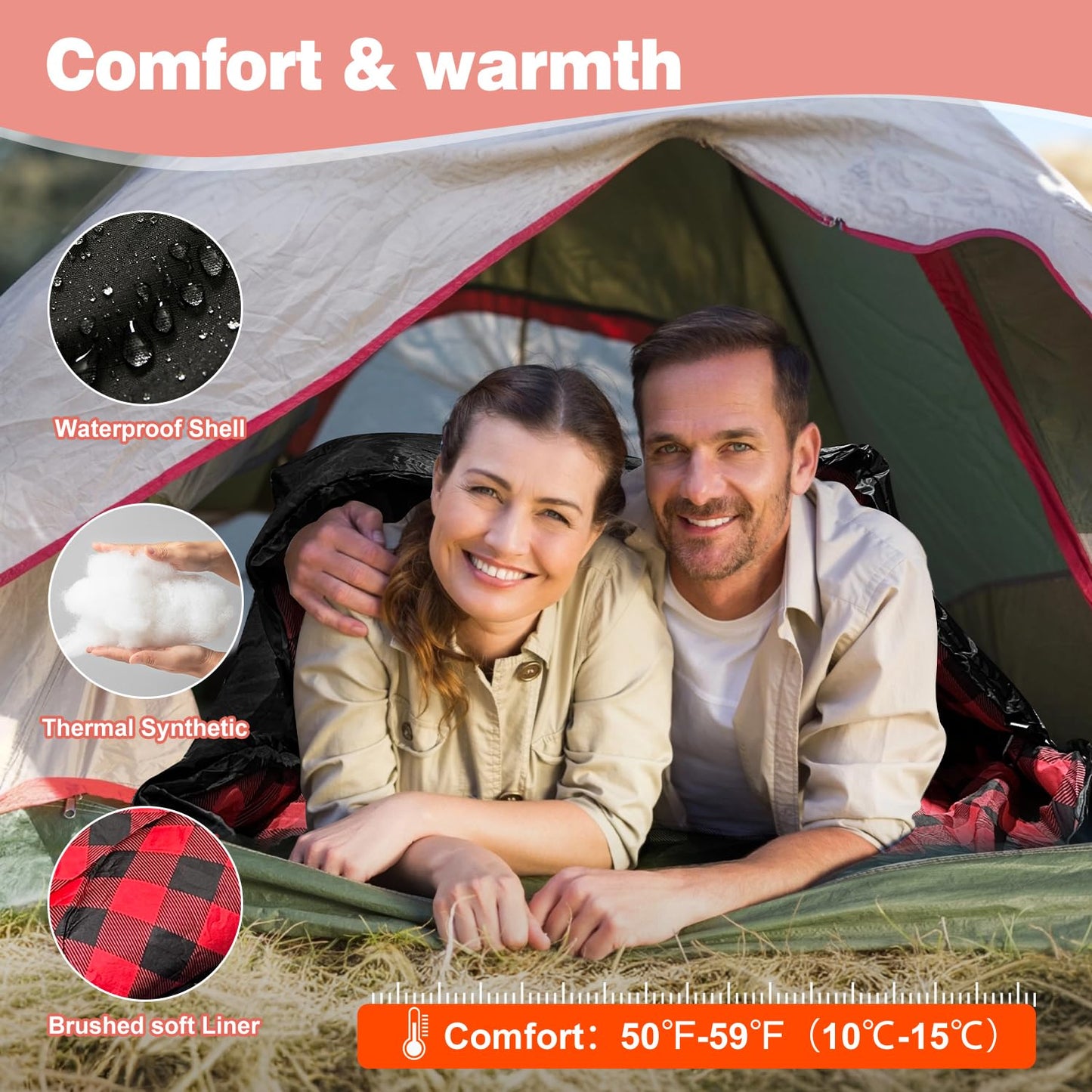 Double Sleeping Bags for Adults, Queen Size 2 Person All Season for Warm & Cold Weather Backcountry Ski Skins | Fits Kids 10-12 - Lightweight & Waterproof Camping Essentials for Hiking, Backpacking
