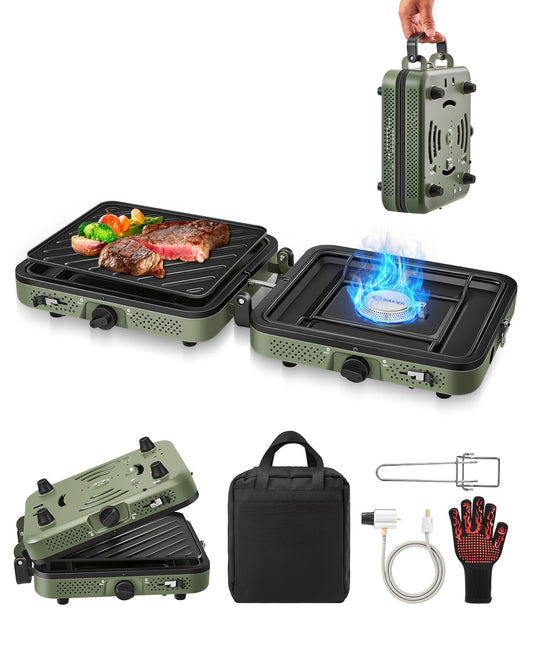 Saker 2 Burner Propane Camping Stove with Grill: Foldable Portable Camp Stove with Carry Bag - Adjustable Burners Camping Grill for BBQ Tailgating Gear - Backpacking Outdoor Cooking