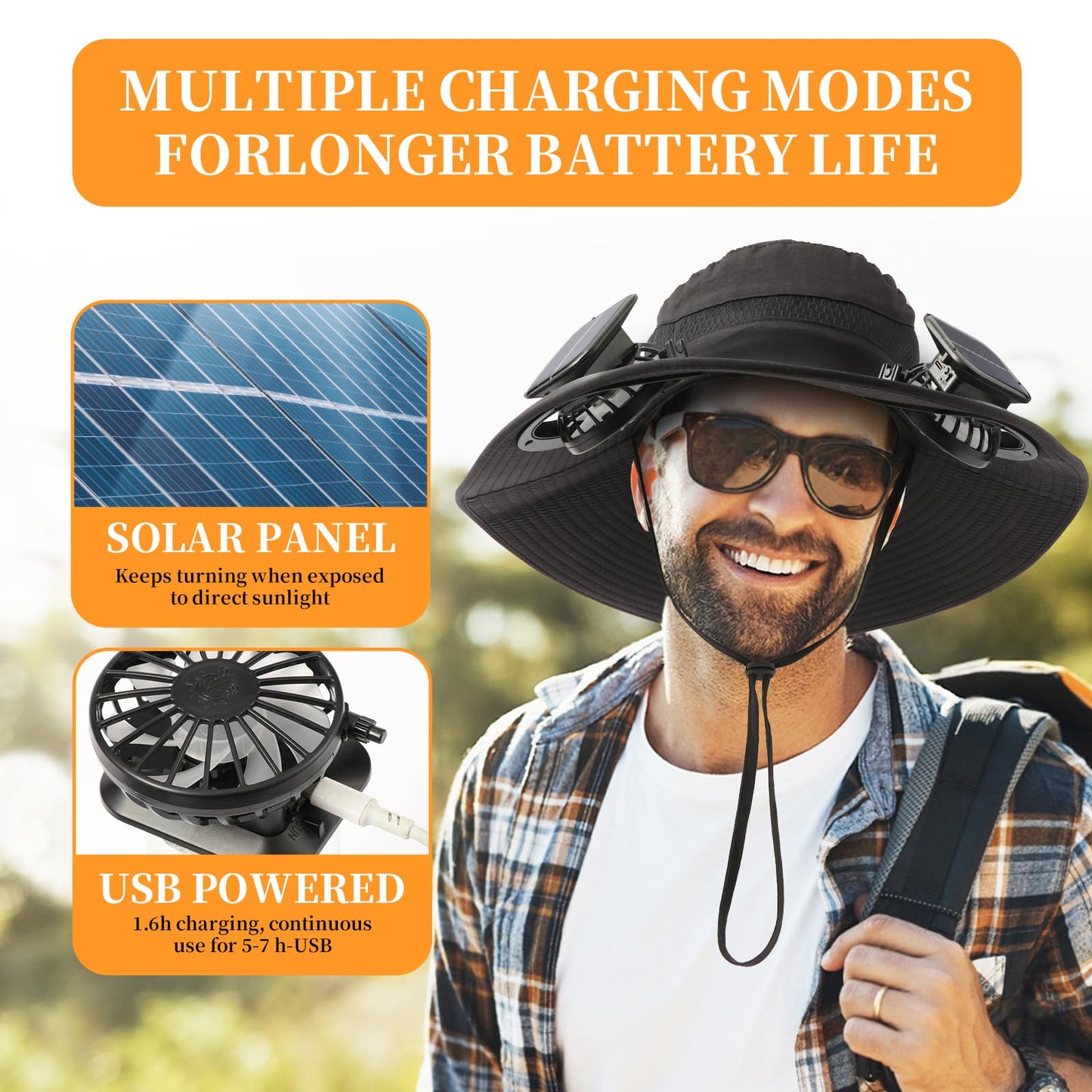 Solar Powered Fan Hat with 2 Removable Fans Wide Brim Sun Hat for Outdoor Fishing, Hiking Gardening, USB Solar Charging Sun Protection UPF 50+ (US, Alpha, One Size, Black)