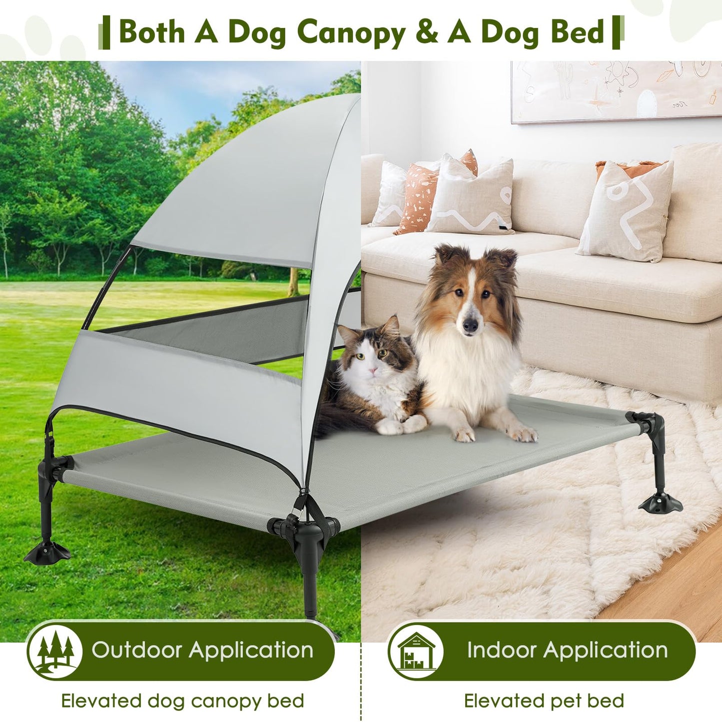 Upgraded Elevated Dog Bed with Canopy, Portable Raised Outdoor Dog Bed with Stable Anti-Slip Feet, Removable Wider Shade, Raised Dogs Cot for Large Pets Camping, Indoor & Outdoor Use