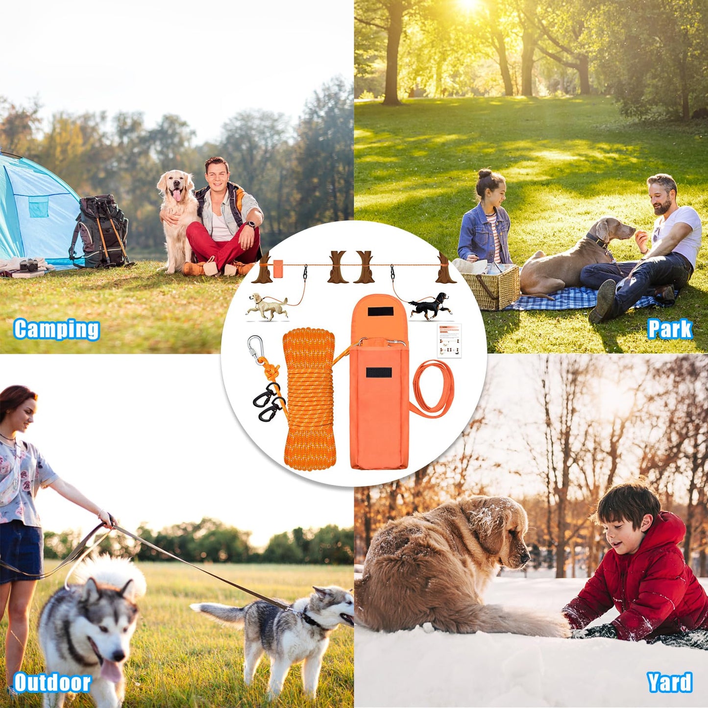 KATOLK Upgraded Dog Tie Out Cable for Camping, 100FT Portable Trolley System for 2 Dogs, Knot-a-Hitch Dogs Hitching System up to 250lbs, Dog Runner for Yard Camping Training Running Hiking Outdoor